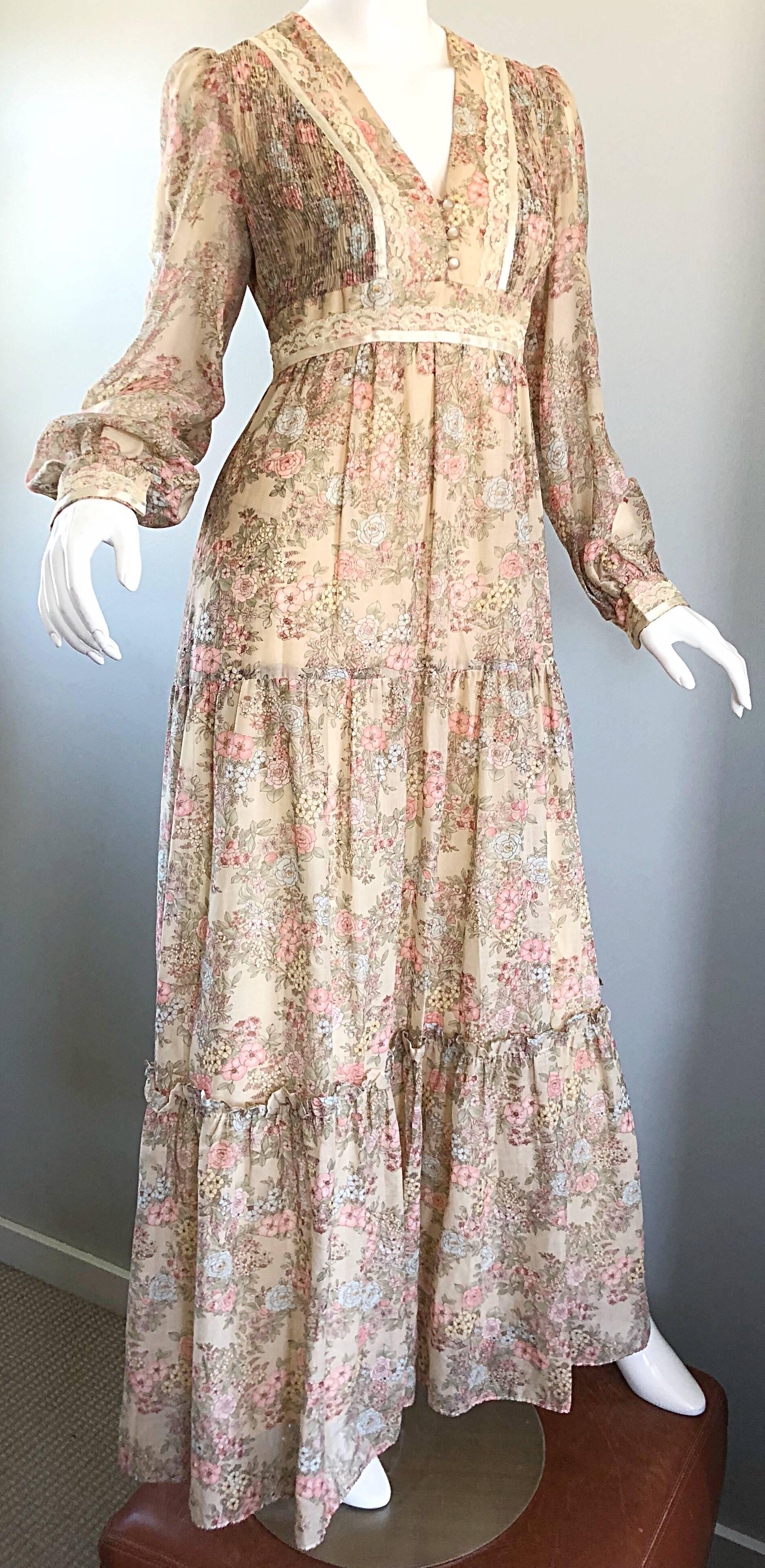 Beige Pretty 1970s Boho Cotton Voile + Lace Flower Print Long Sleeve 70s Maxi Dress For Sale