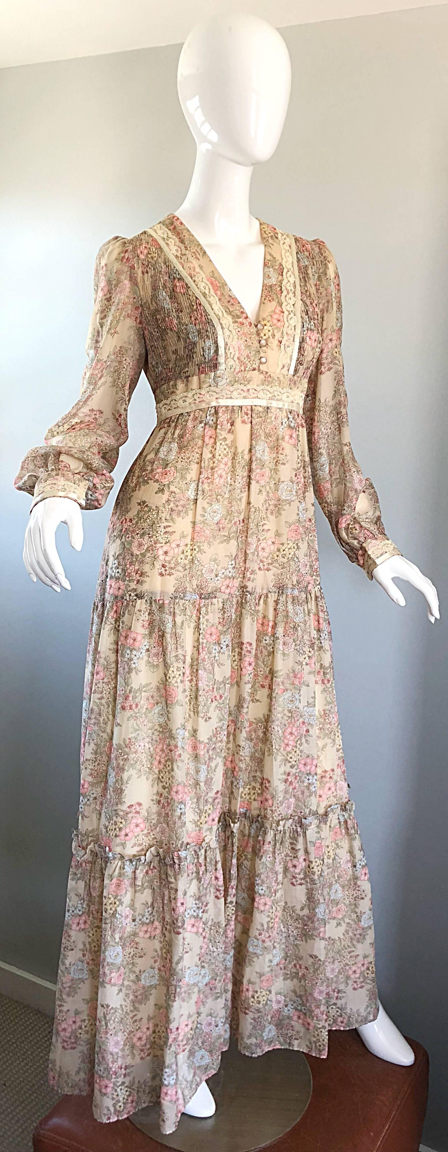 Pretty 1970s Boho Cotton Voile + Lace Flower Print Long Sleeve 70s Maxi Dress For Sale 1