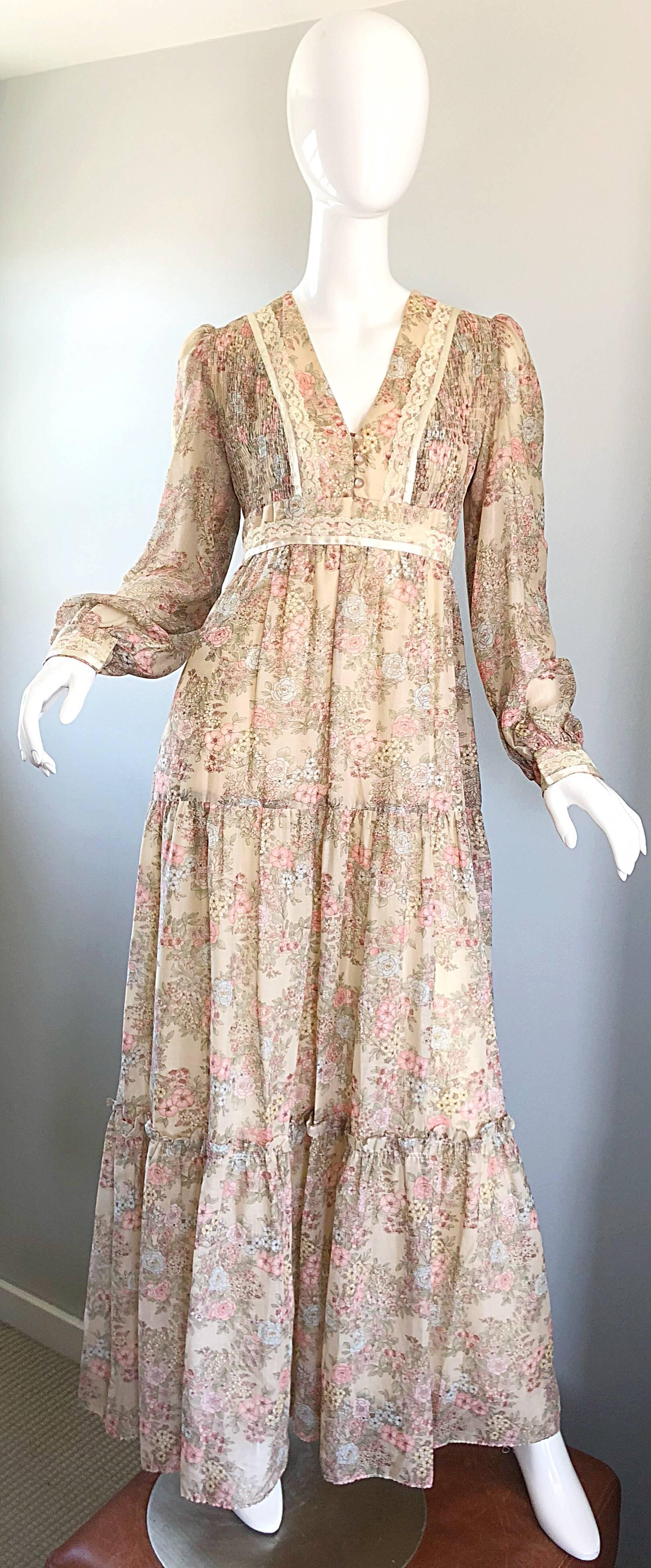 Pretty 1970s Boho Cotton Voile + Lace Flower Print Long Sleeve 70s Maxi Dress For Sale 2