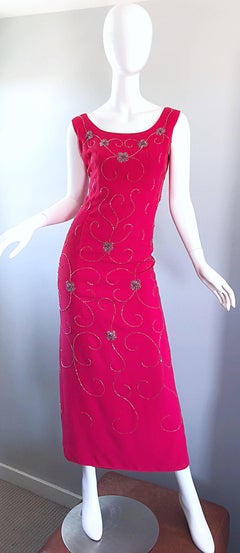 Gorgeous 1960s Hot Pink and Silver Beaded Vintage 60s Crepe Gown Maxi Dress