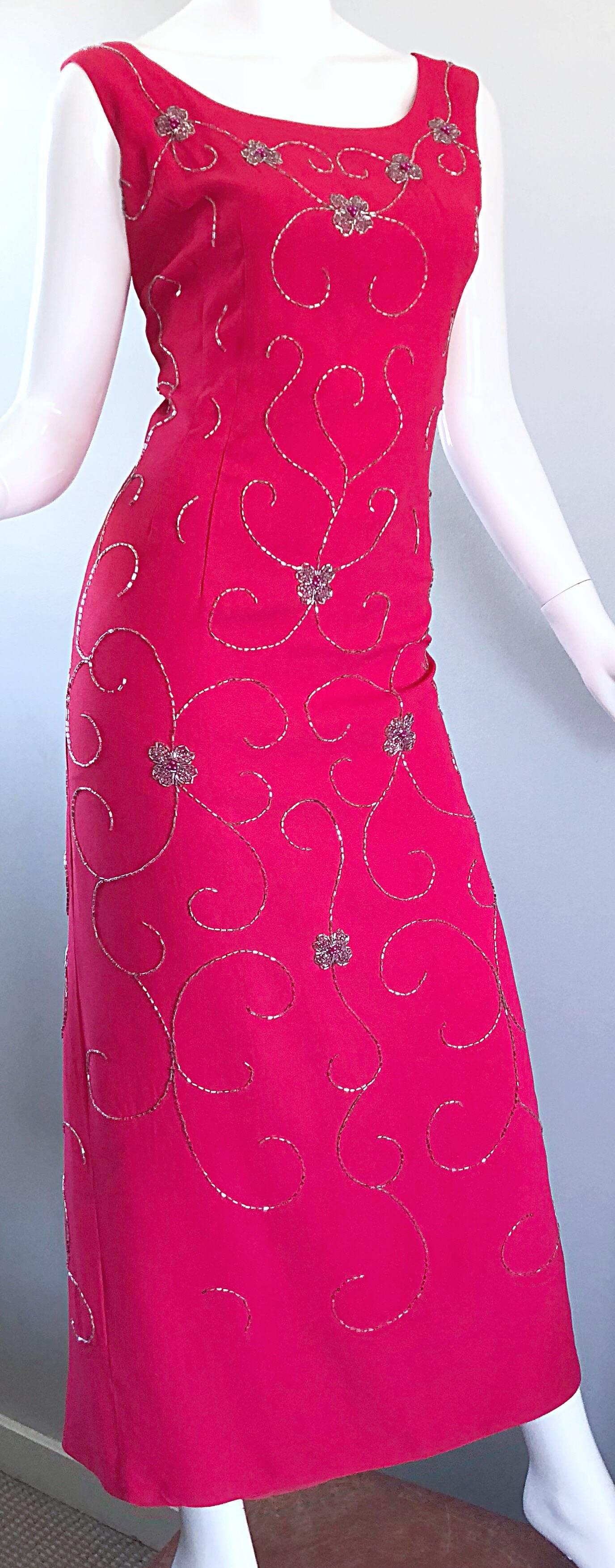 Red Gorgeous 1960s Hot Pink and Silver Beaded Vintage 60s Crepe Gown Maxi Dress For Sale