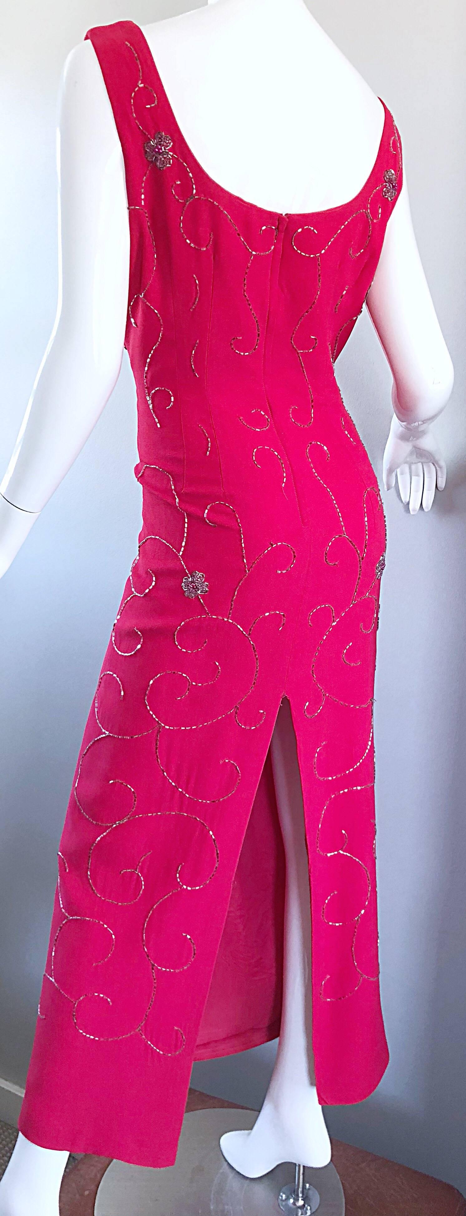 Gorgeous 1960s Hot Pink and Silver Beaded Vintage 60s Crepe Gown Maxi Dress In Excellent Condition For Sale In San Diego, CA