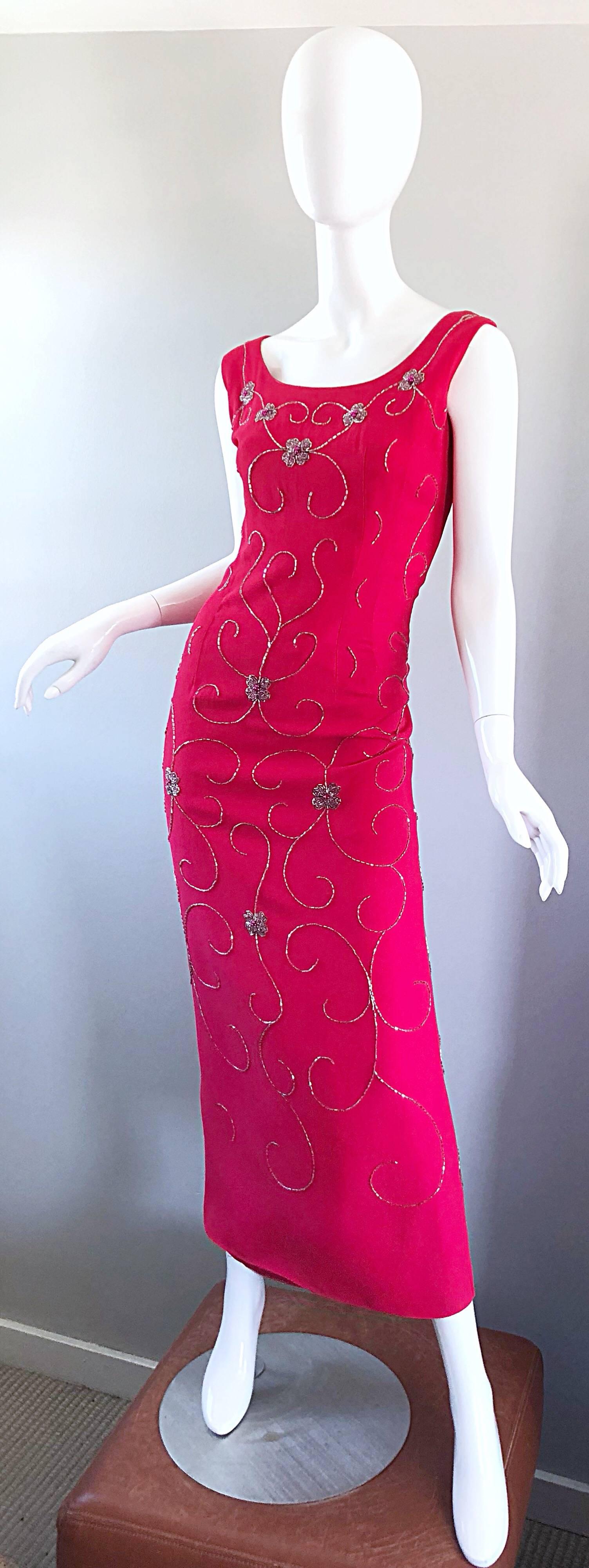 Women's Gorgeous 1960s Hot Pink and Silver Beaded Vintage 60s Crepe Gown Maxi Dress For Sale
