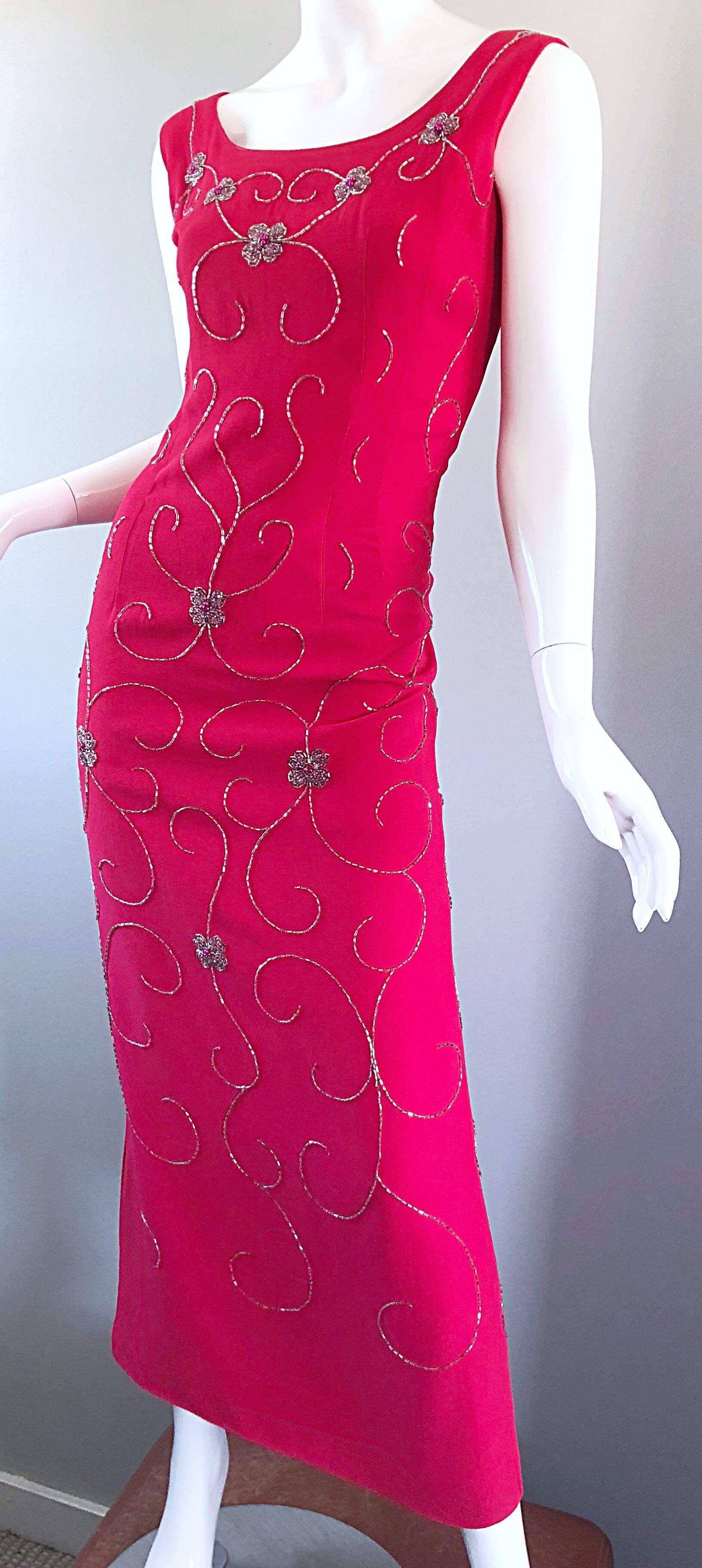 Gorgeous 1960s Hot Pink and Silver Beaded Vintage 60s Crepe Gown Maxi Dress For Sale 1