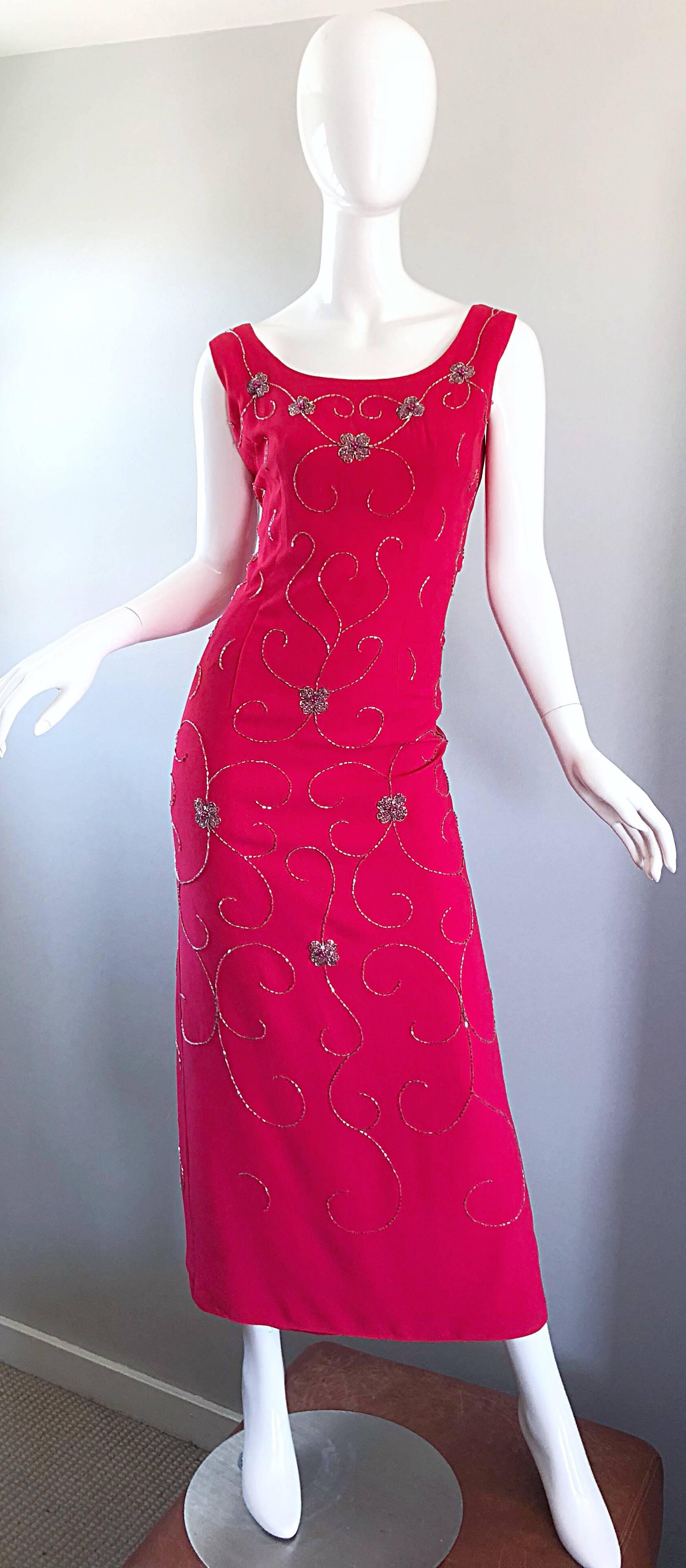 Gorgeous 1960s Hot Pink and Silver Beaded Vintage 60s Crepe Gown Maxi Dress For Sale 2