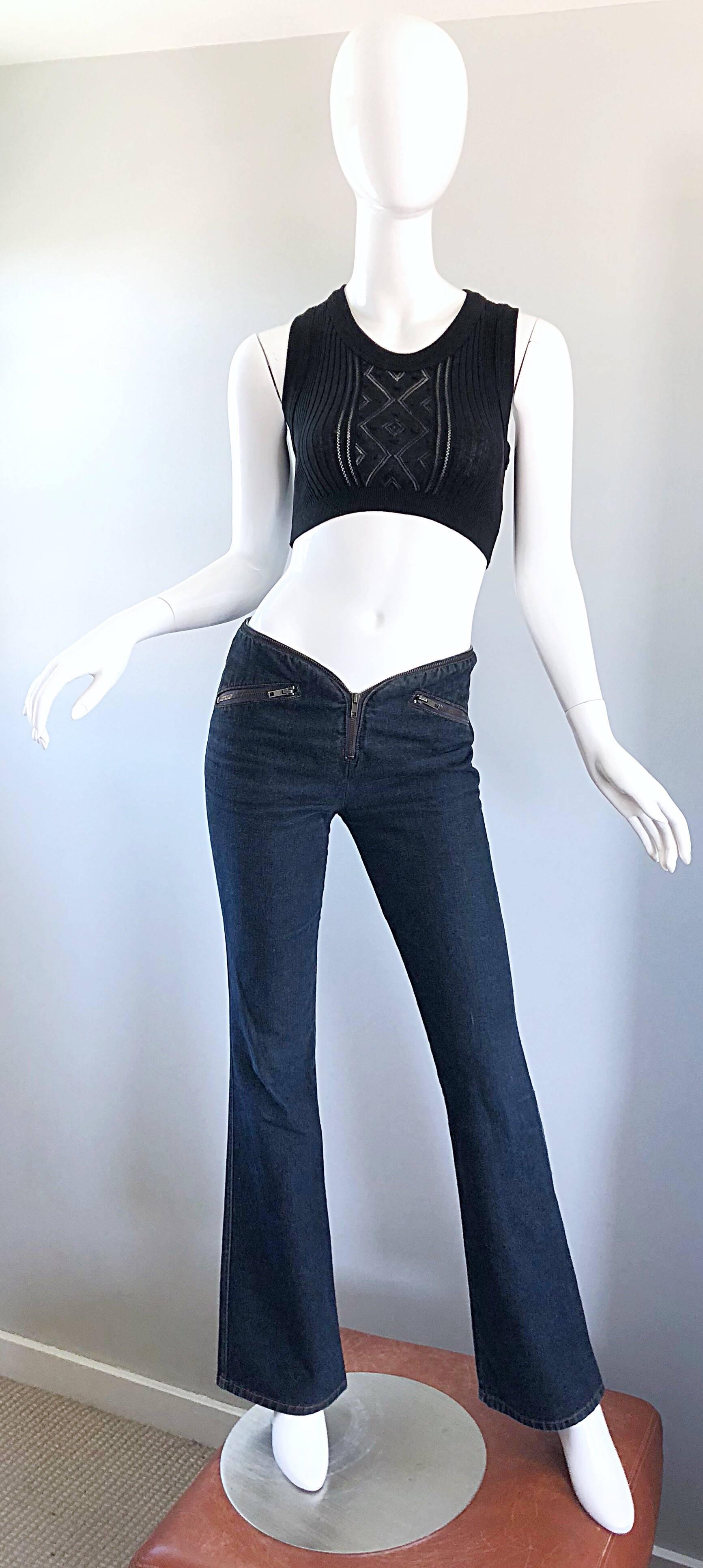 Rare and super flattering late 90s KATAYONE ADELI dark blue low rise flared leg blue jeans! Adeli started her career in the 90s, and was known for her fabulous fitting trousers. 
These feature a zipper detail from the fly to around the waist, and at