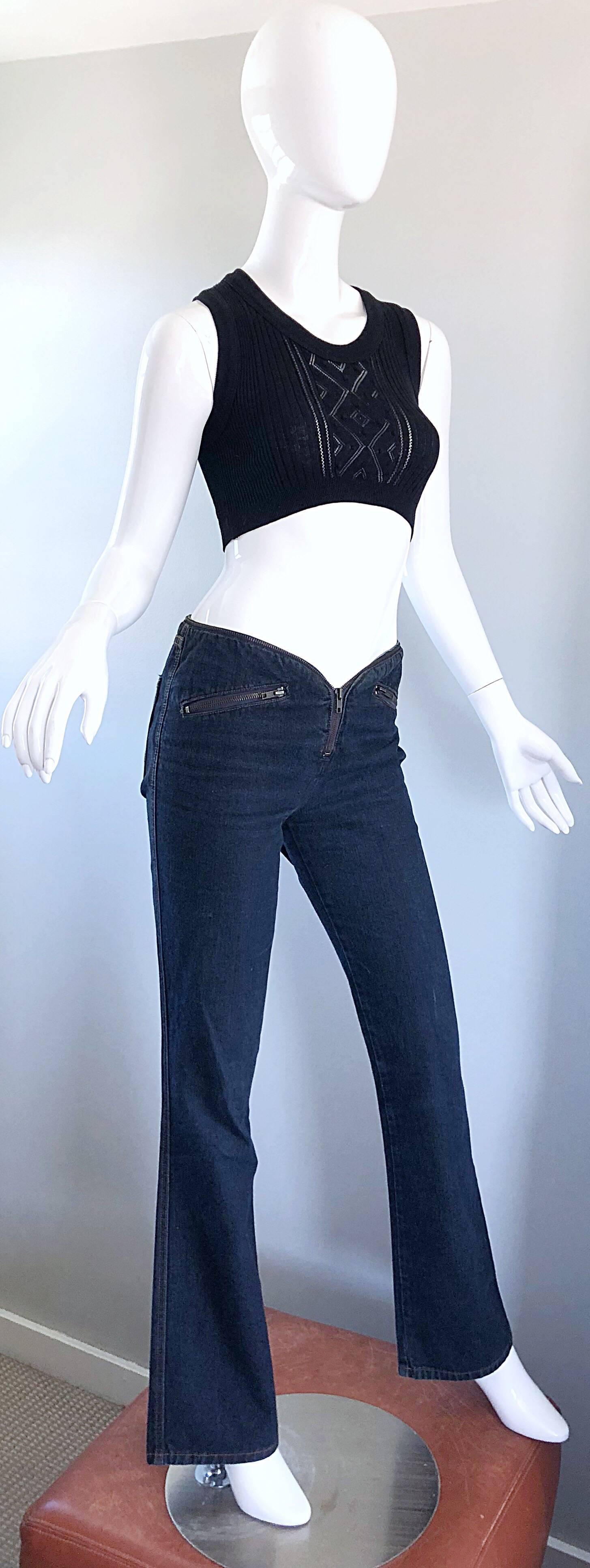 Women's 1990s Katayone Adeli Size 6 Low Rise Dark Blue Flare Leg Vintage Denim Blue Jean