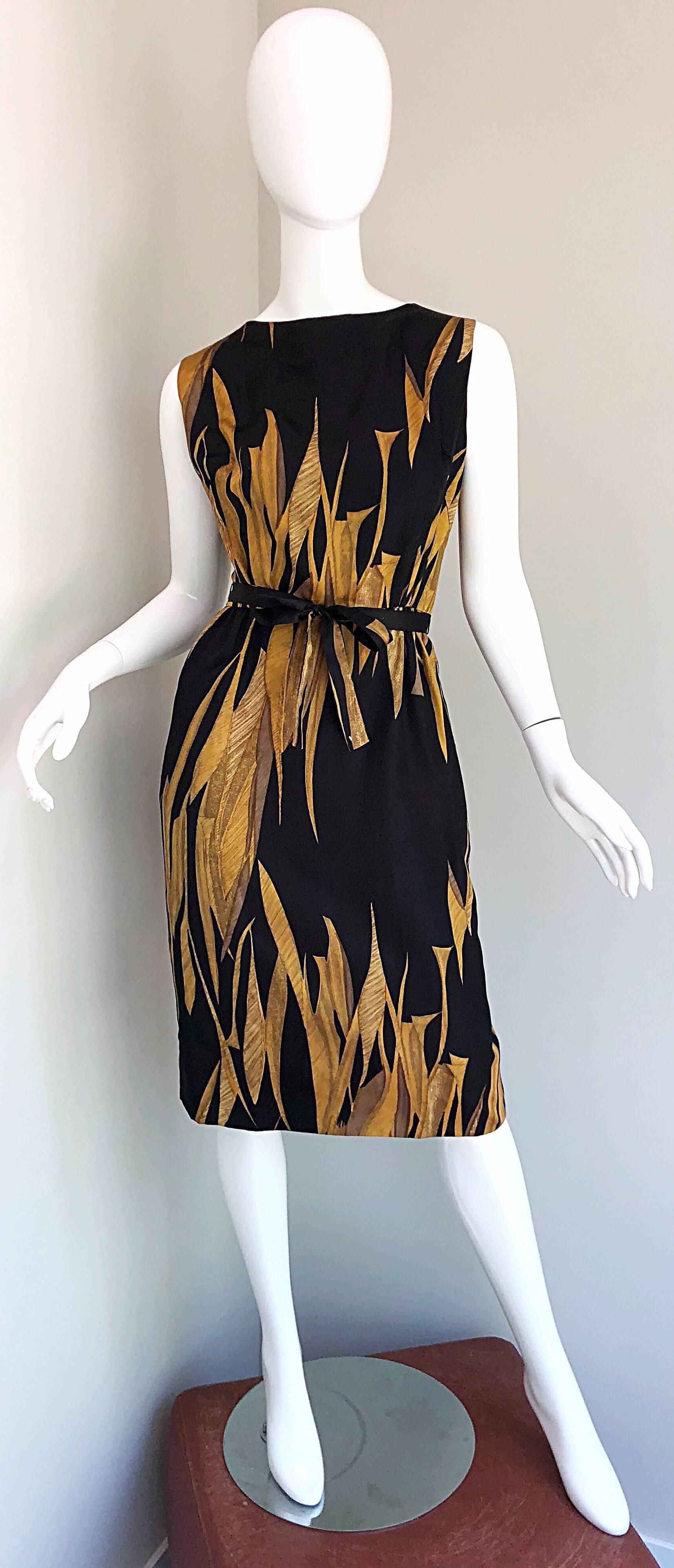 Rare 50s NEIMAN MARCUS demi couture wheat print black and muted gold silk belted dress and kimono style jacket! Fitted bodice with a flattering skirt. POCKETS at side of both hip. Detachable sash belt can either tie into a bow or sash style. Full
