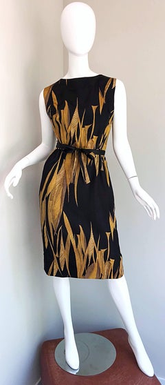 Rare 1950s Neiman Marcus Black + Gold Wheat Print Vintage Dress & Kimono Jacket