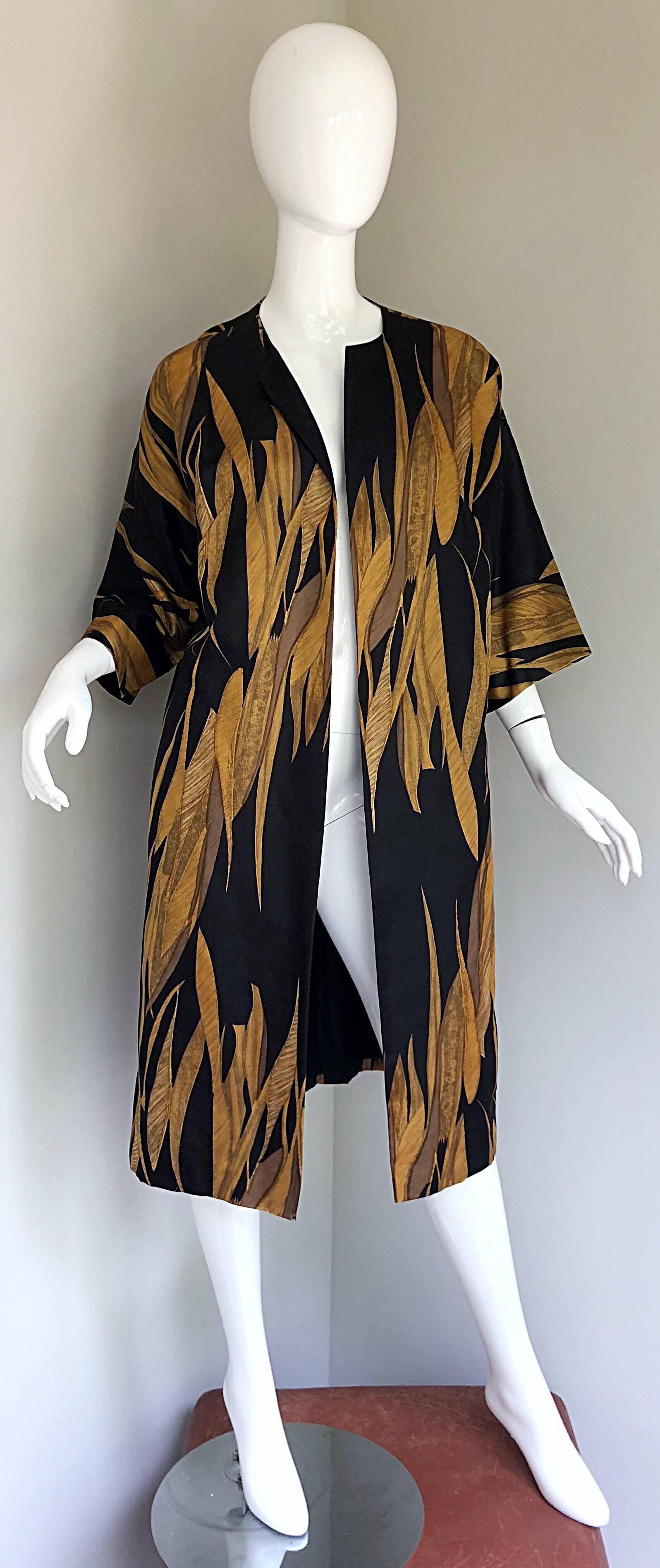 Women's Rare 1950s Neiman Marcus Black + Gold Wheat Print Vintage Dress & Kimono Jacket