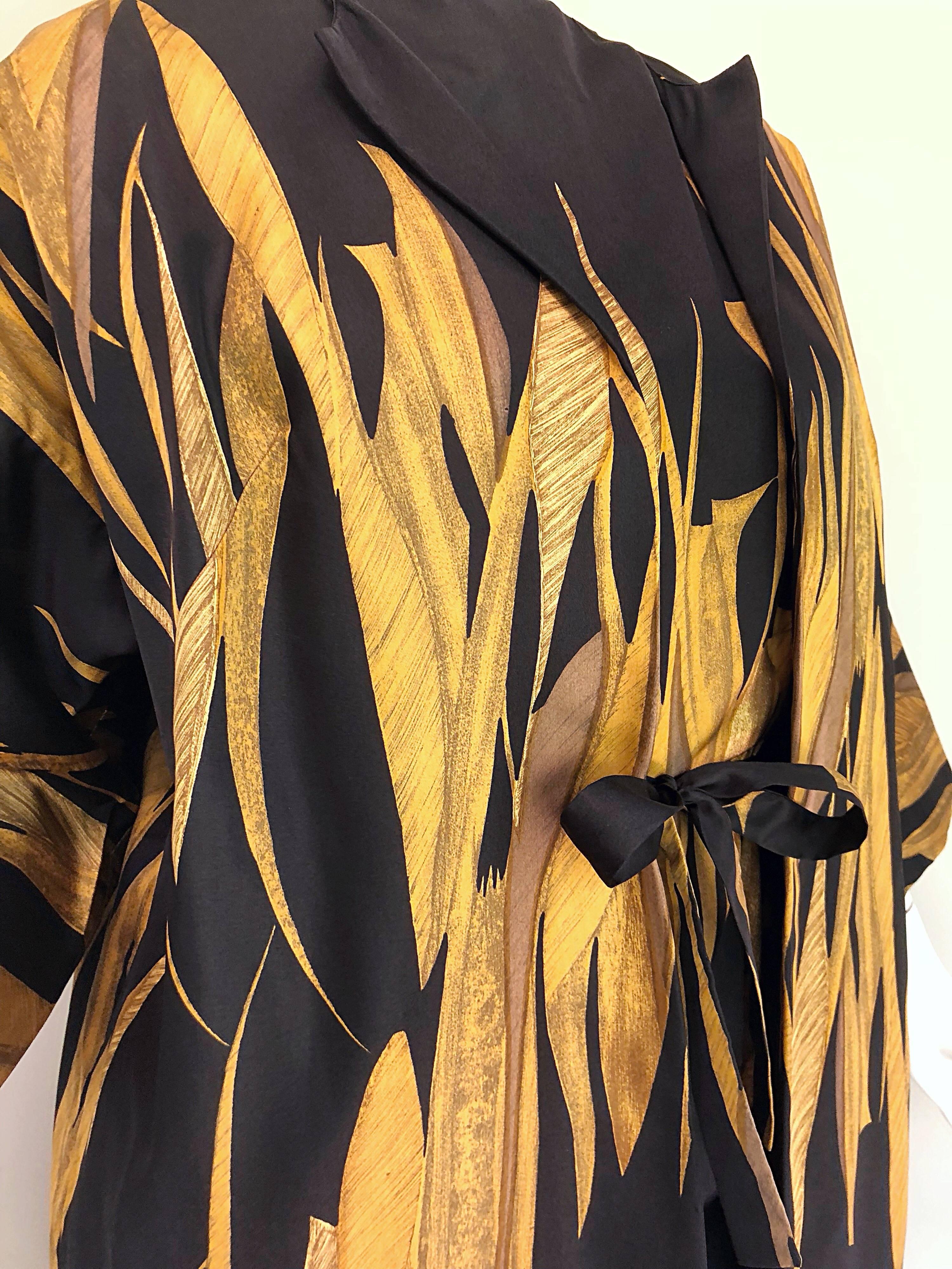 Rare 1950s Neiman Marcus Black + Gold Wheat Print Vintage Dress & Kimono Jacket 3