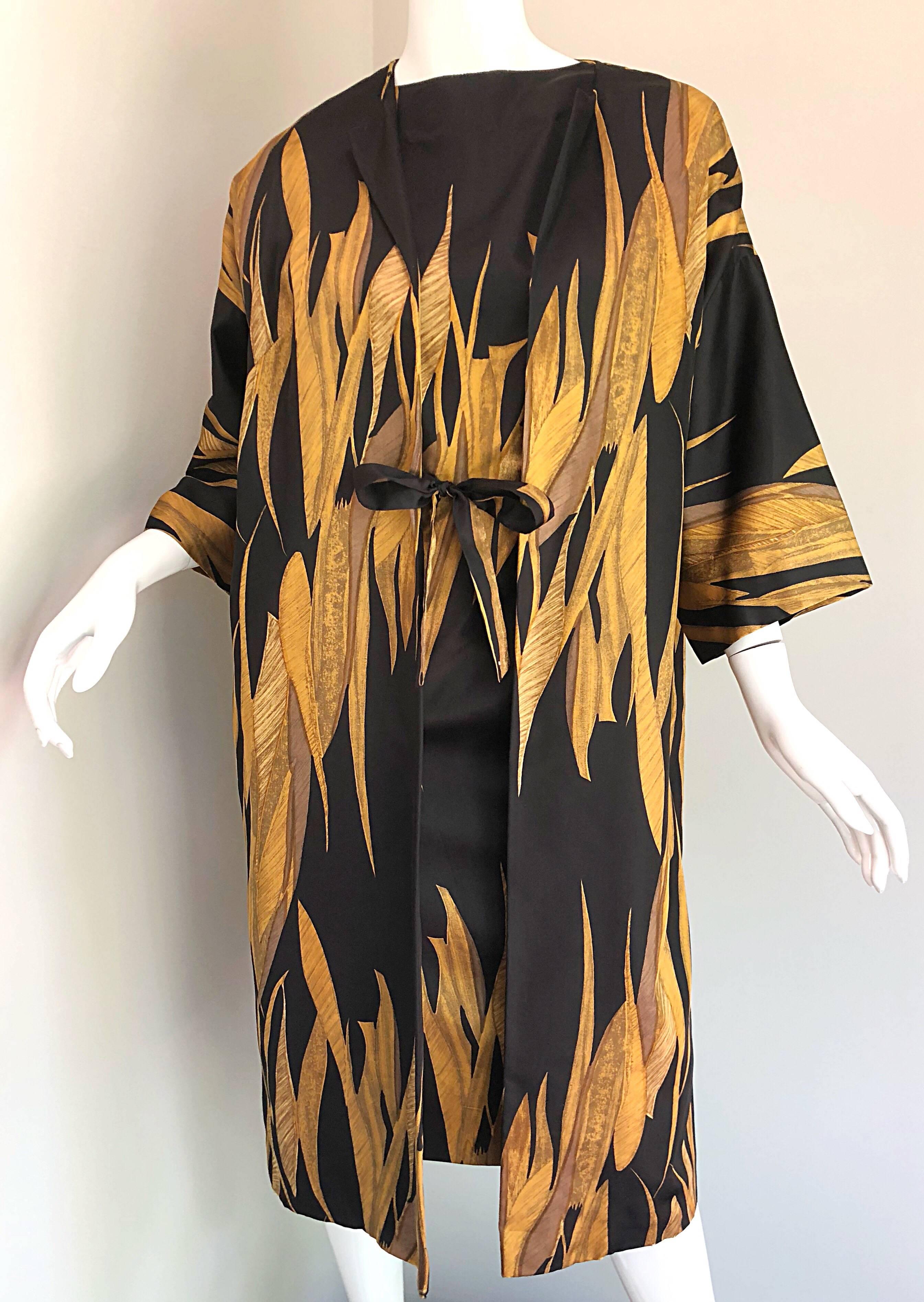 Rare 1950s Neiman Marcus Black + Gold Wheat Print Vintage Dress & Kimono Jacket 4