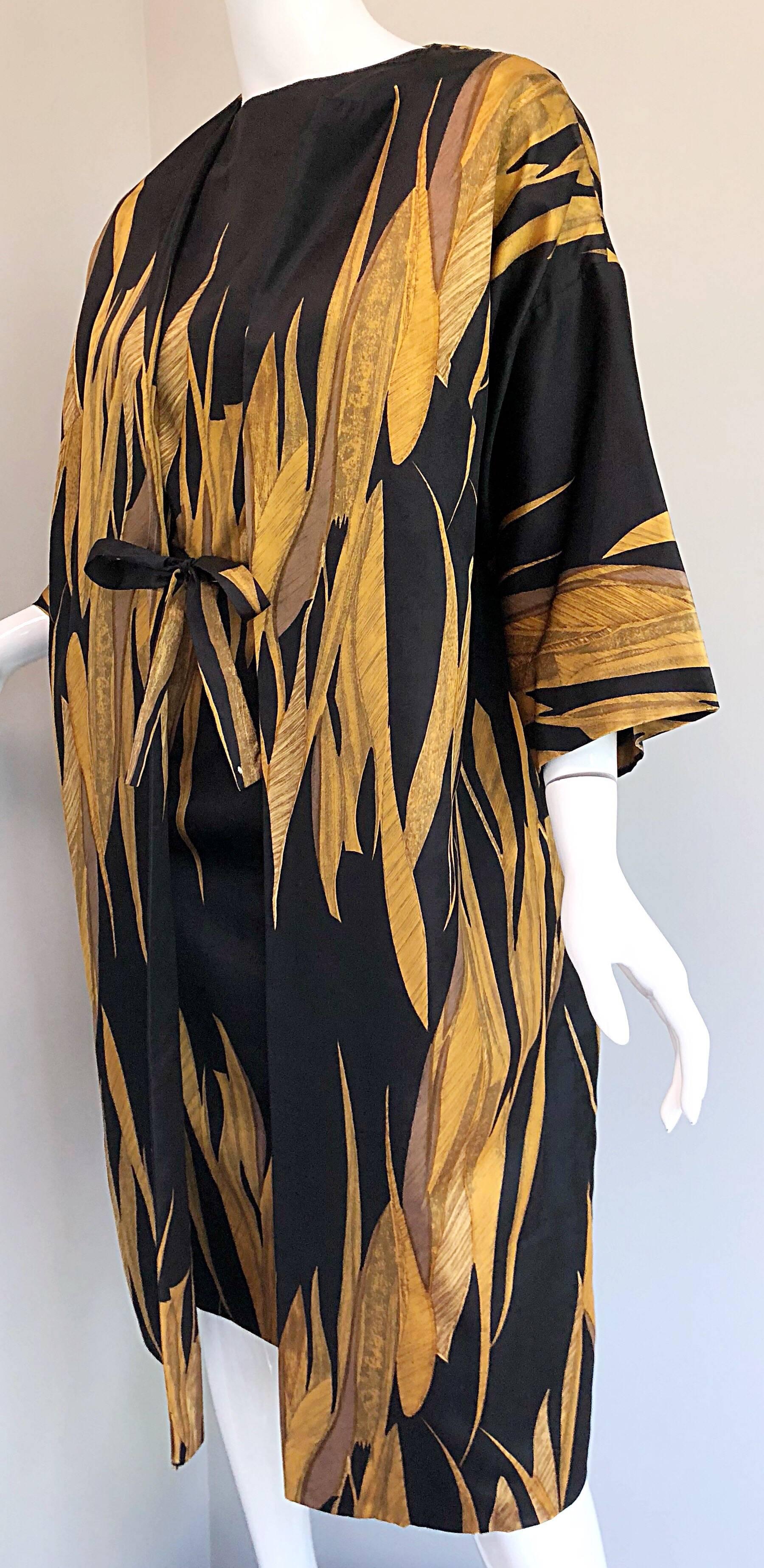 Rare 1950s Neiman Marcus Black + Gold Wheat Print Vintage Dress & Kimono Jacket 5