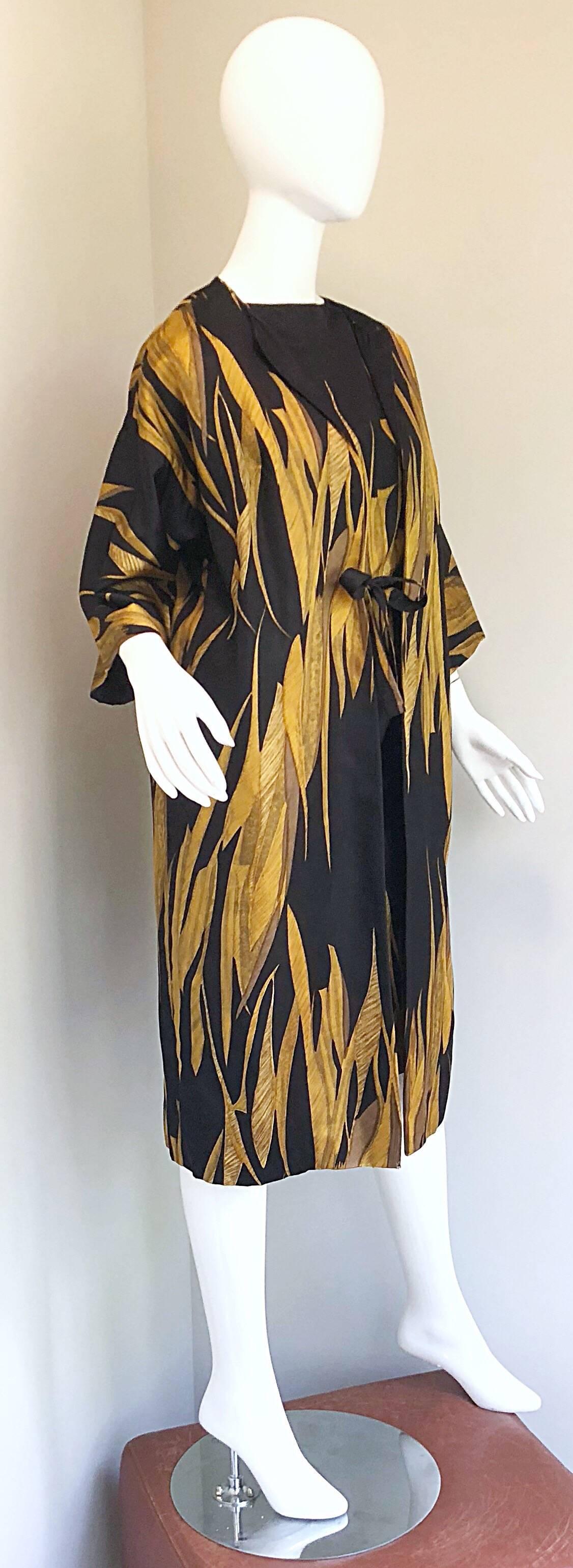 Rare 1950s Neiman Marcus Black + Gold Wheat Print Vintage Dress & Kimono Jacket 6