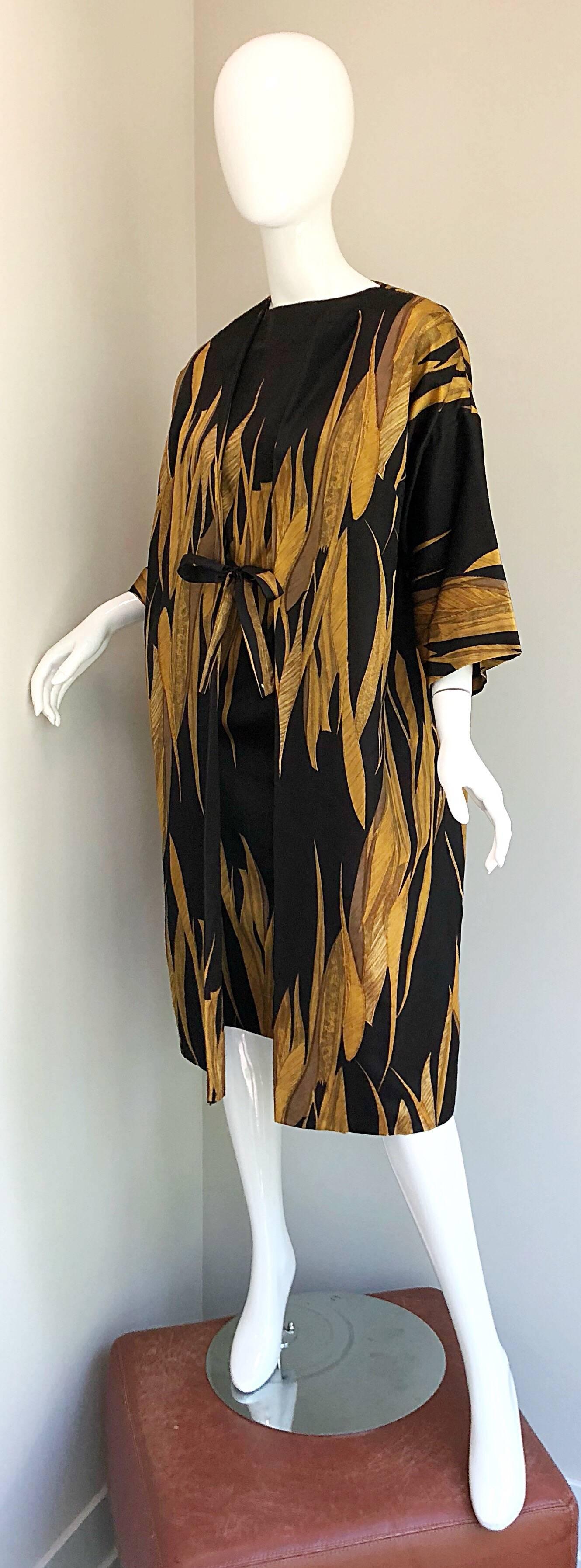 Rare 1950s Neiman Marcus Black + Gold Wheat Print Vintage Dress & Kimono Jacket 10