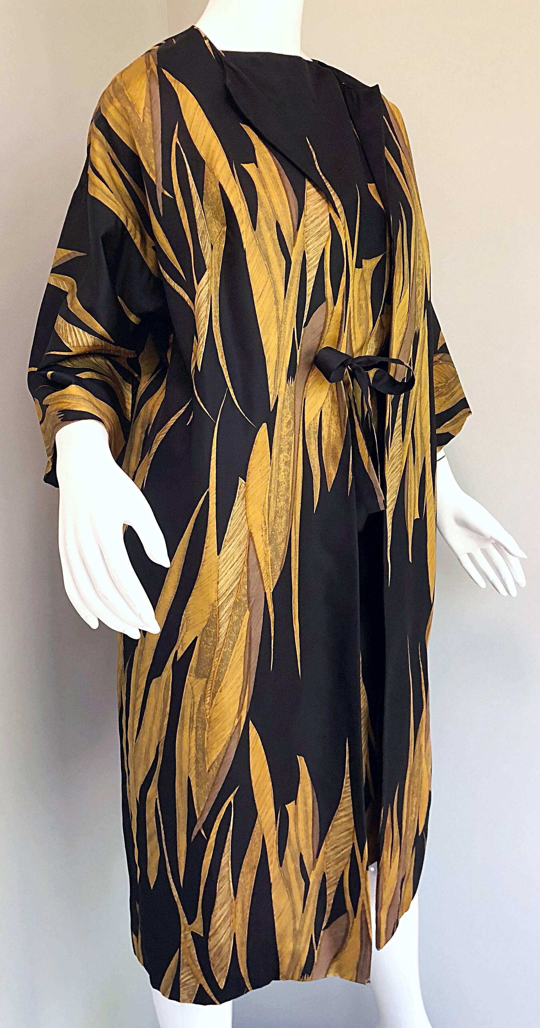 Rare 1950s Neiman Marcus Black + Gold Wheat Print Vintage Dress & Kimono Jacket 12