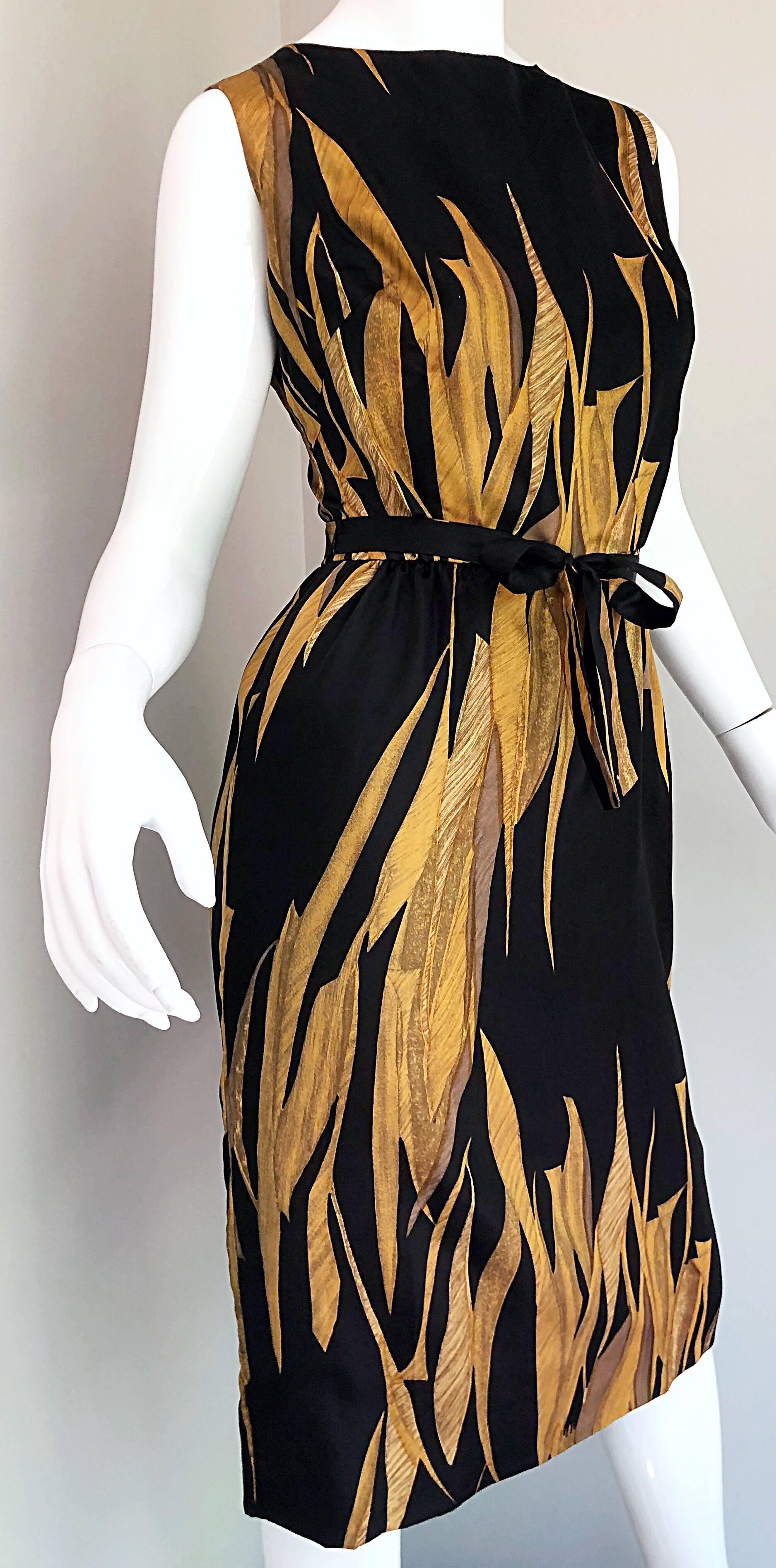 Rare 1950s Neiman Marcus Black + Gold Wheat Print Vintage Dress & Kimono Jacket 13