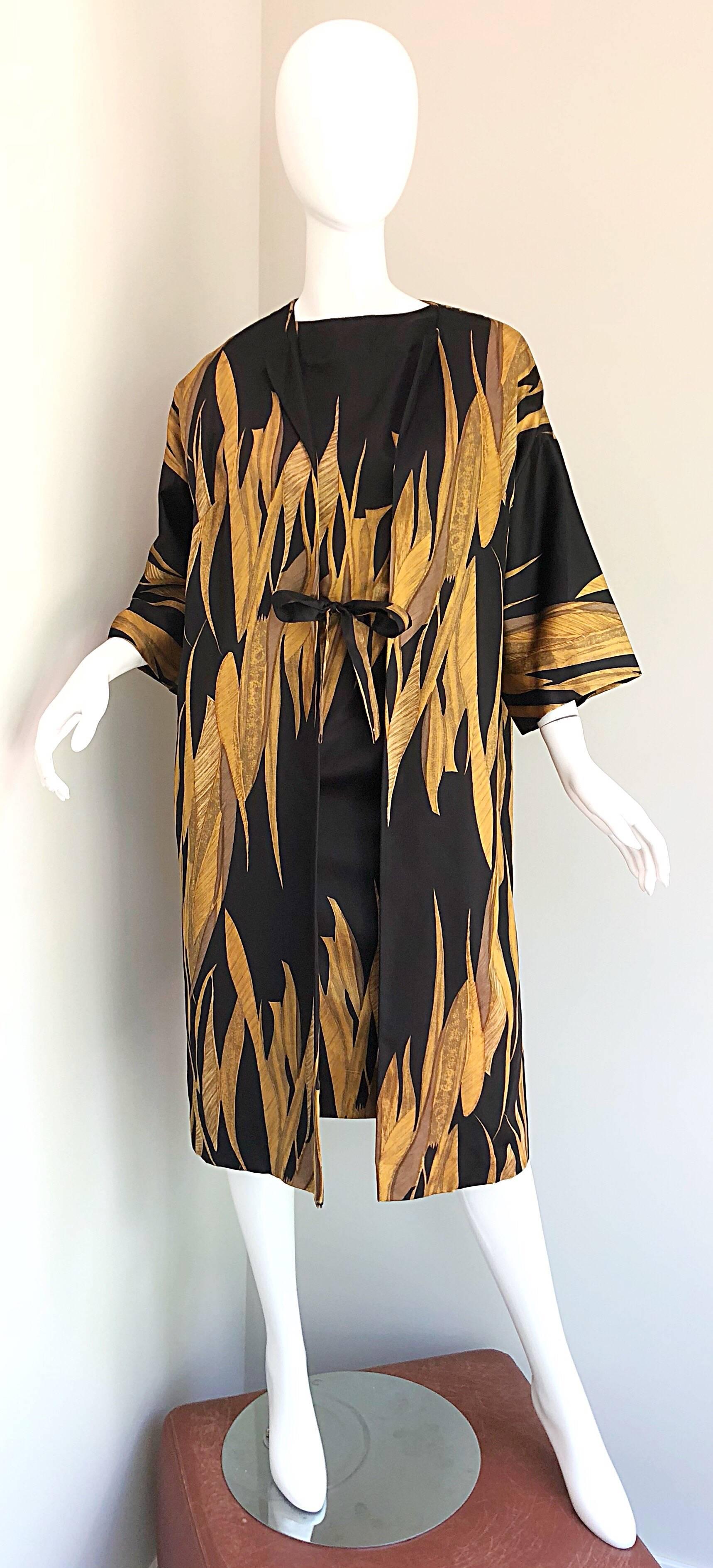 Rare 1950s Neiman Marcus Black + Gold Wheat Print Vintage Dress & Kimono Jacket 14