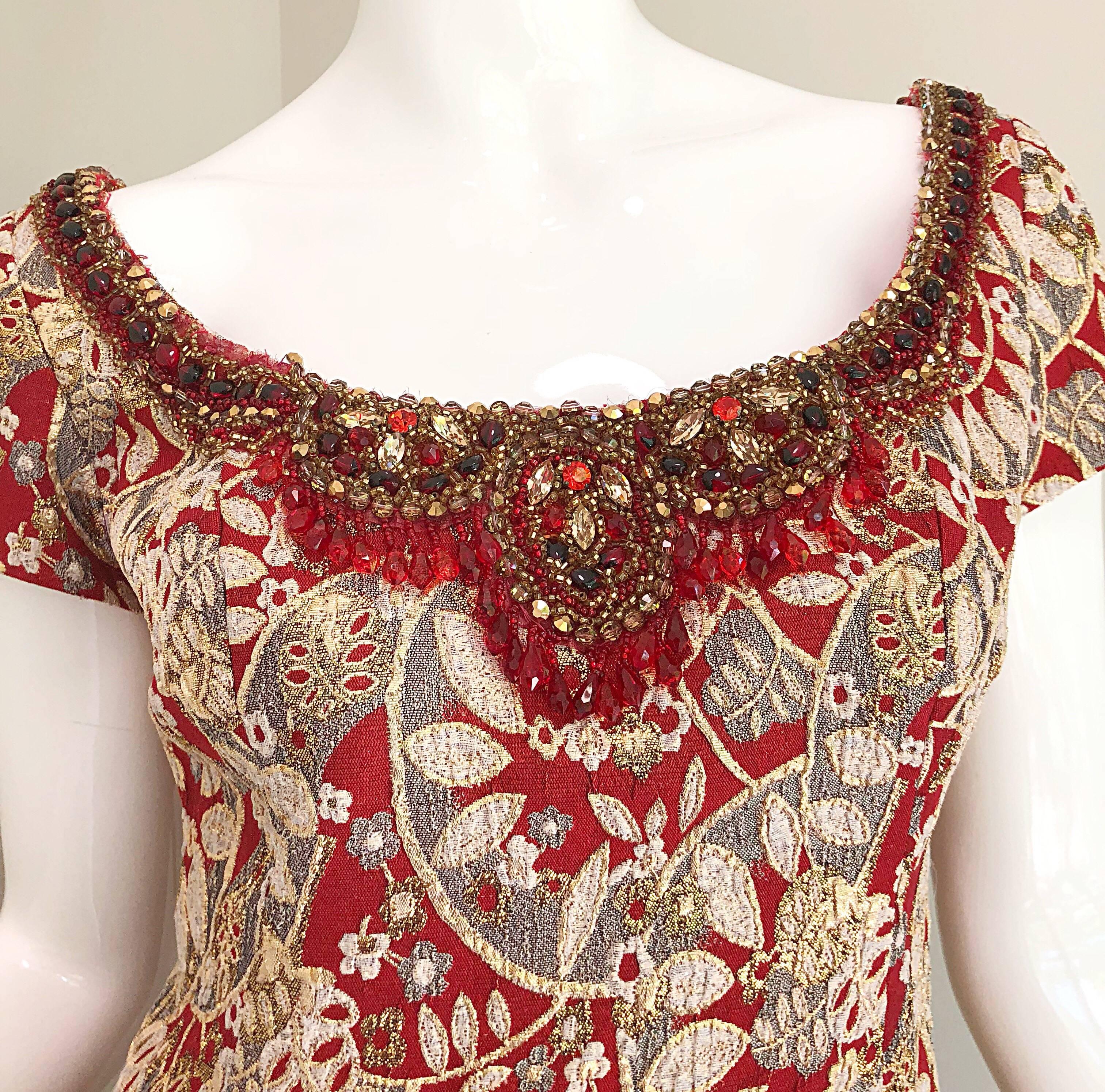 Gorgeous vintage 1960s MONTALDOS red and gold silk brocade beaded evening gown and full length jacket! The luxurious fabric is made of red and metallic gold silk brocade. The dress features hundreds of hand-sewn ruby red rhinestones, crystals and