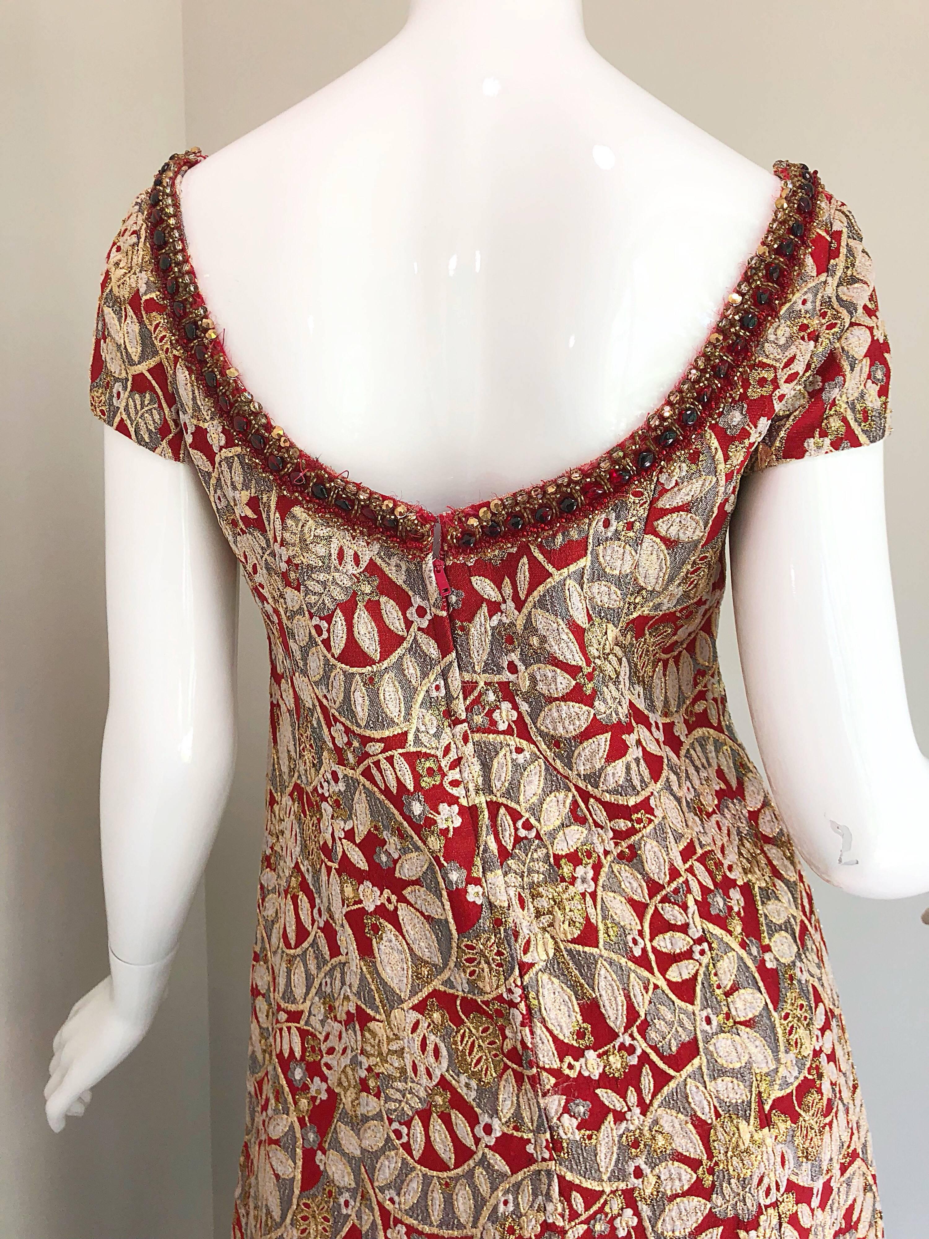 1960s Montaldo's Couture Red Gold Beaded 60s Gown and Jaket w/ Mink Fur Collar In Excellent Condition In San Diego, CA