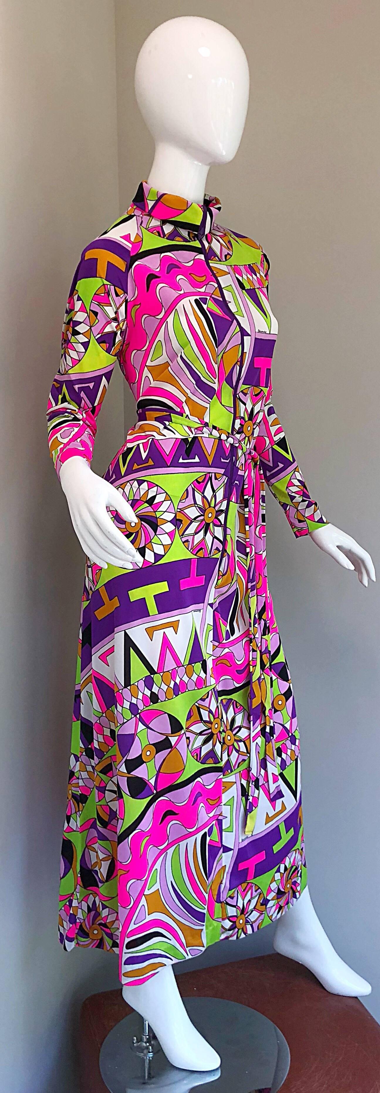 Beige Amazing 1970s Saks 5th Avenue Eduardo Pucci Print Vintage 70s Belted Maxi Dress