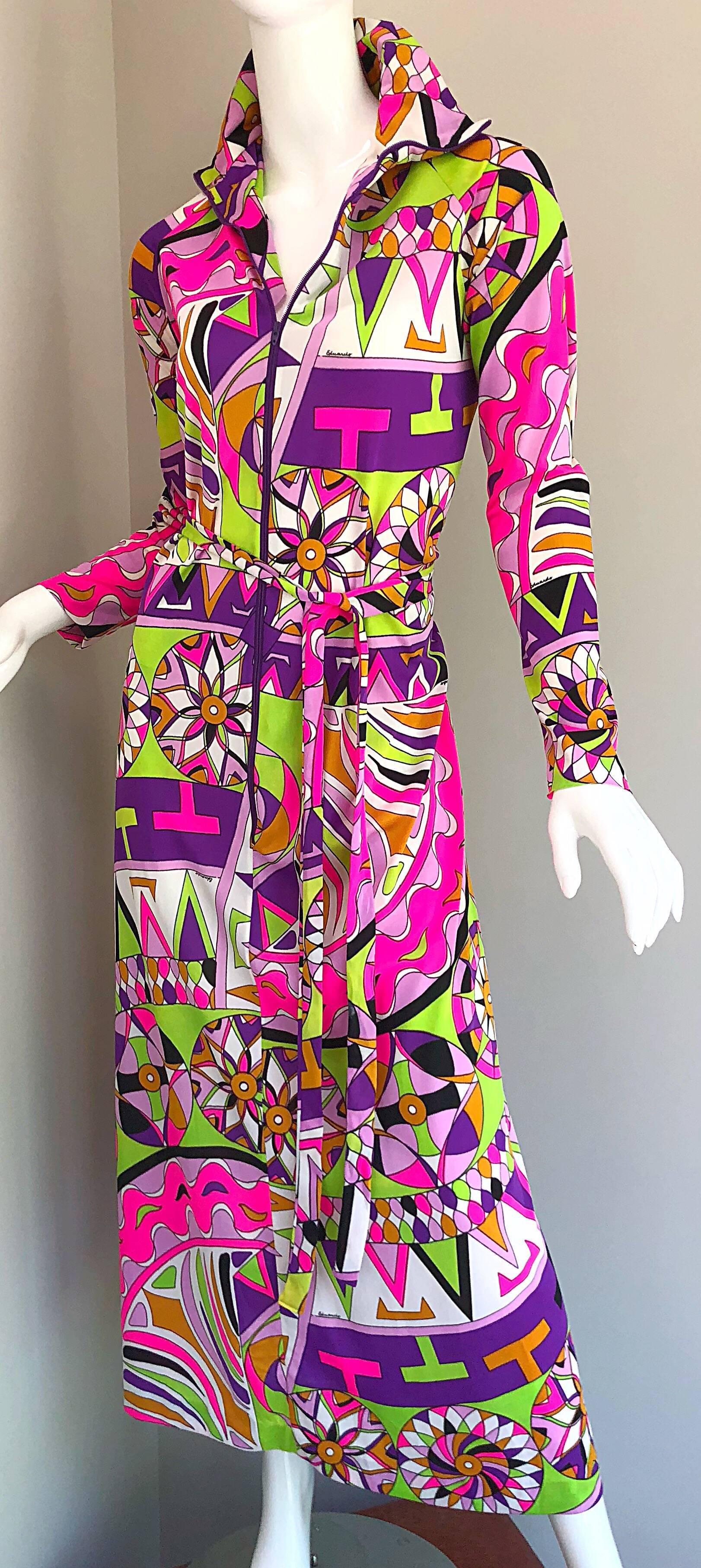 Amazing 1970s Saks 5th Avenue Eduardo Pucci Print Vintage 70s Belted Maxi Dress 1