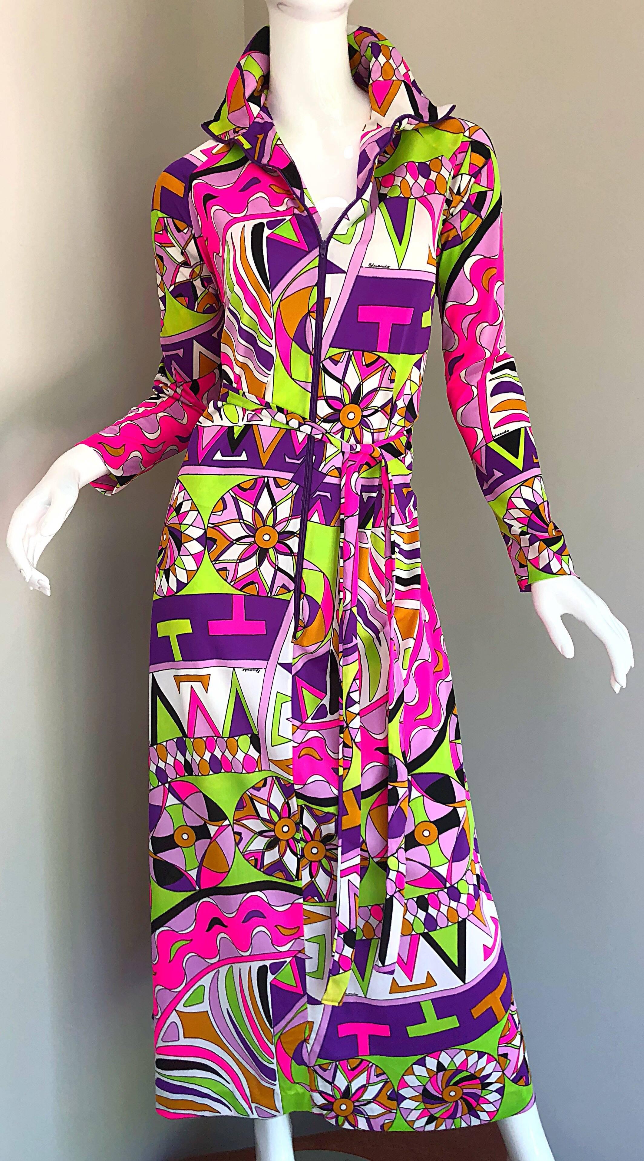 Amazing 1970s Saks 5th Avenue Eduardo Pucci Print Vintage 70s Belted Maxi Dress 7