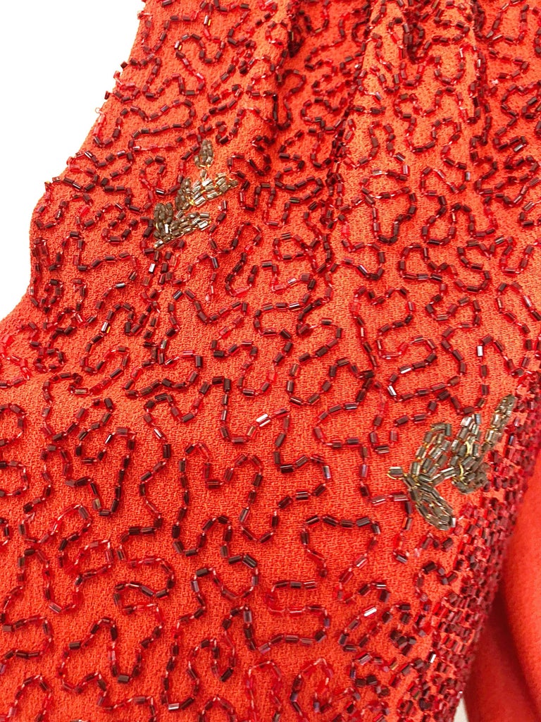 Red 1940s Kornhauser Original Burnt Orange Beaded Vintage 40s Couture Crepe Gown For Sale