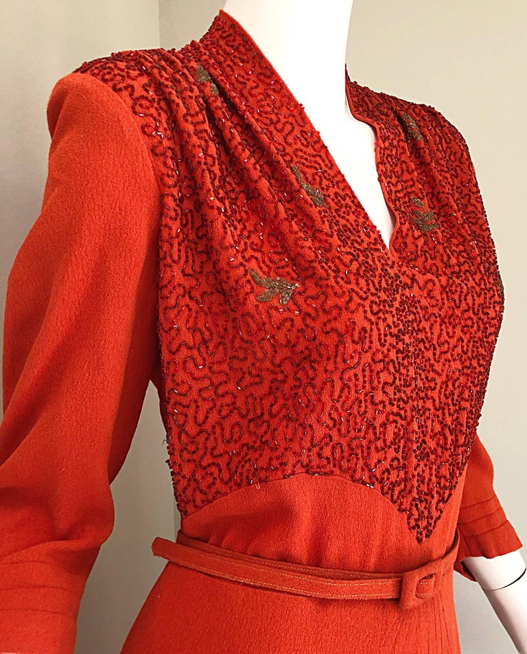 Women's 1940s Kornhauser Original Burnt Orange Beaded Vintage 40s Couture Crepe Gown For Sale