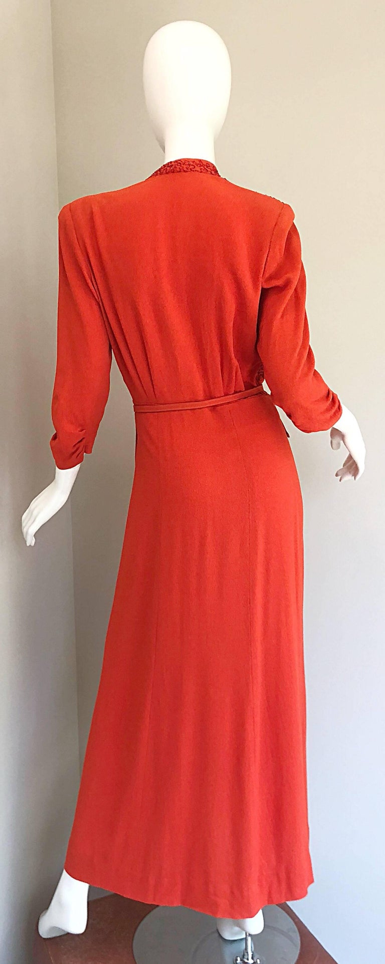 1940s Kornhauser Original Burnt Orange Beaded Vintage 40s Couture Crepe Gown In Excellent Condition For Sale In San Diego, CA