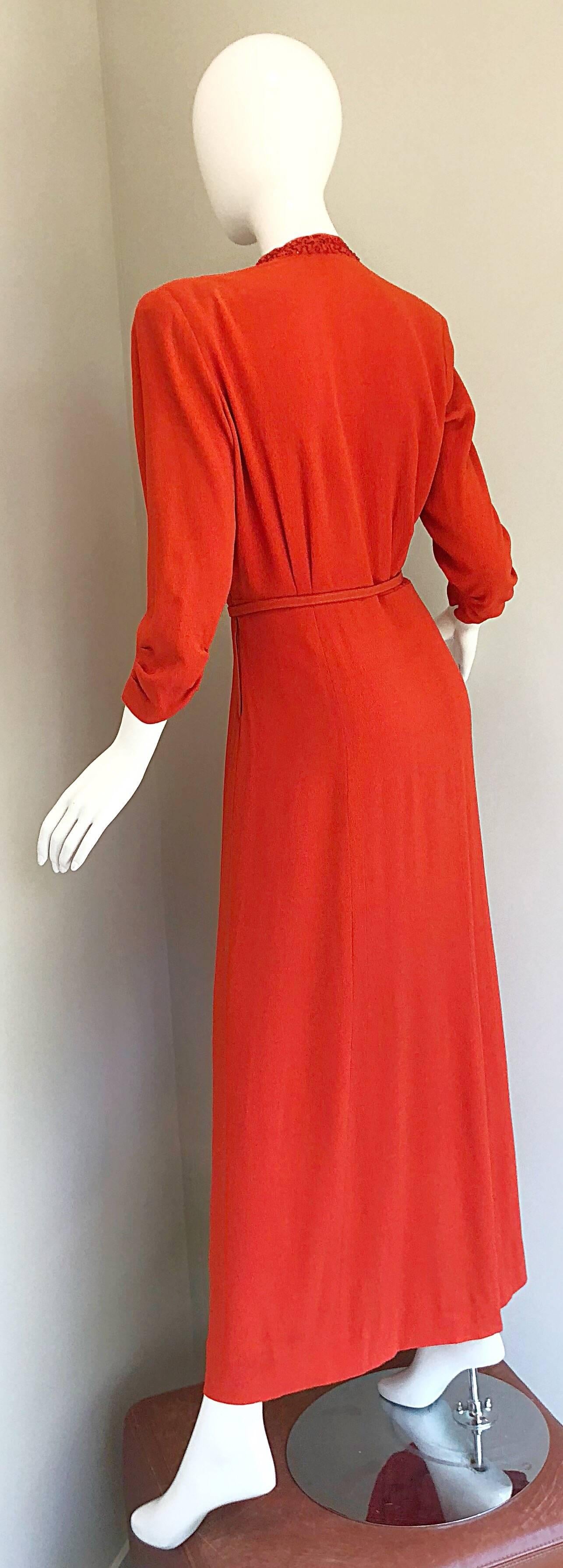 1940s Kornhauser Original Burnt Orange Beaded Vintage 40s Couture Crepe Gown For Sale 1
