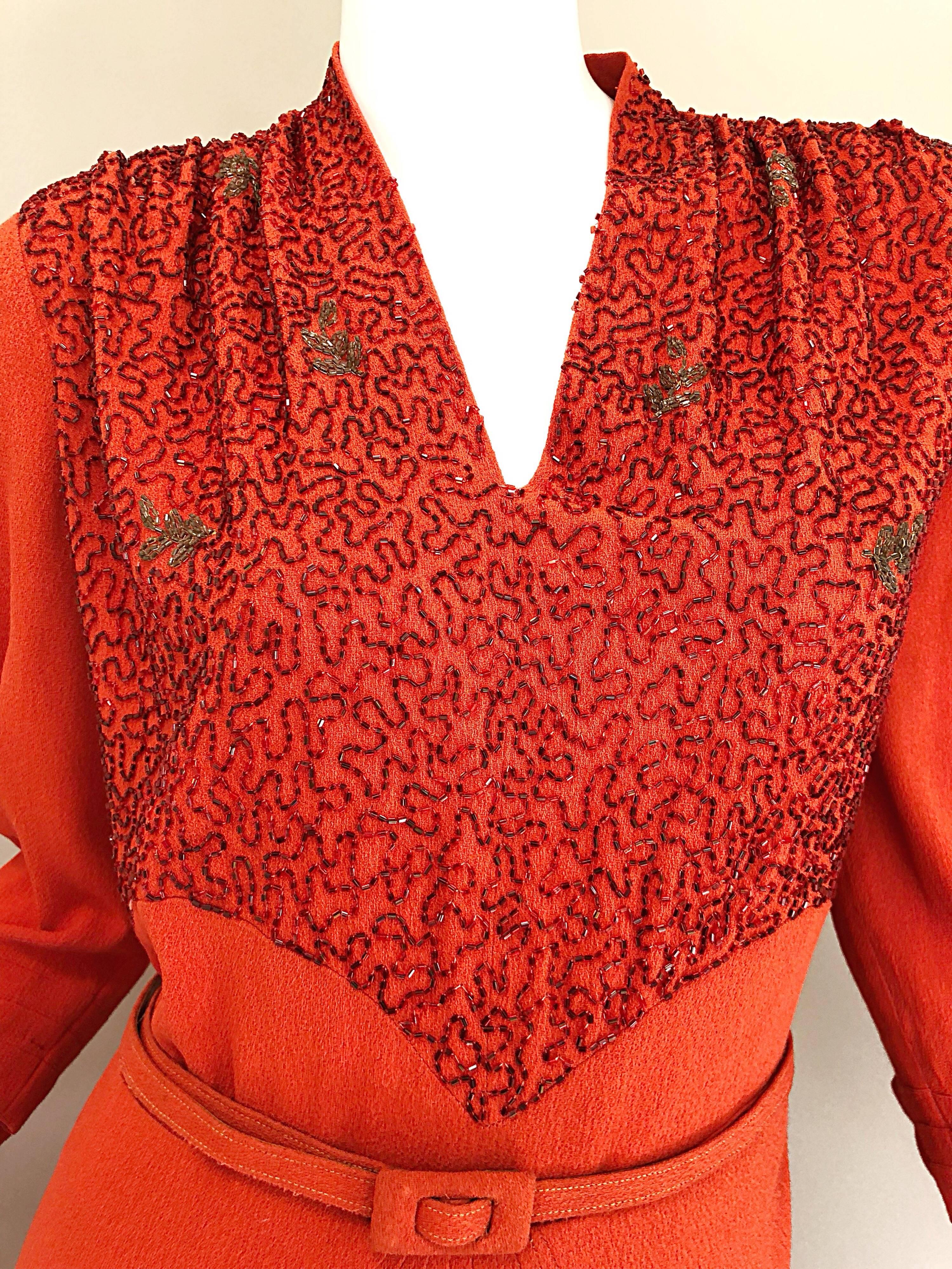 1940s Kornhauser Original Burnt Orange Beaded Vintage 40s Couture Crepe Gown For Sale 2