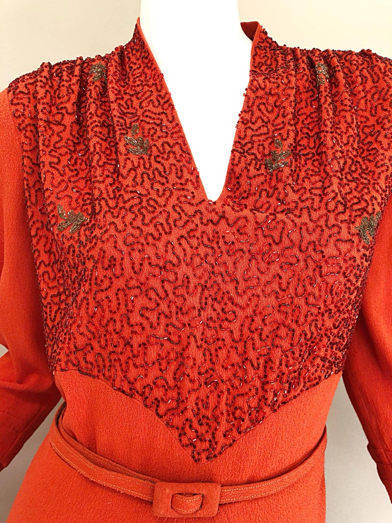1940s Kornhauser Original Burnt Orange Beaded Vintage 40s Couture Crepe Gown For Sale 5