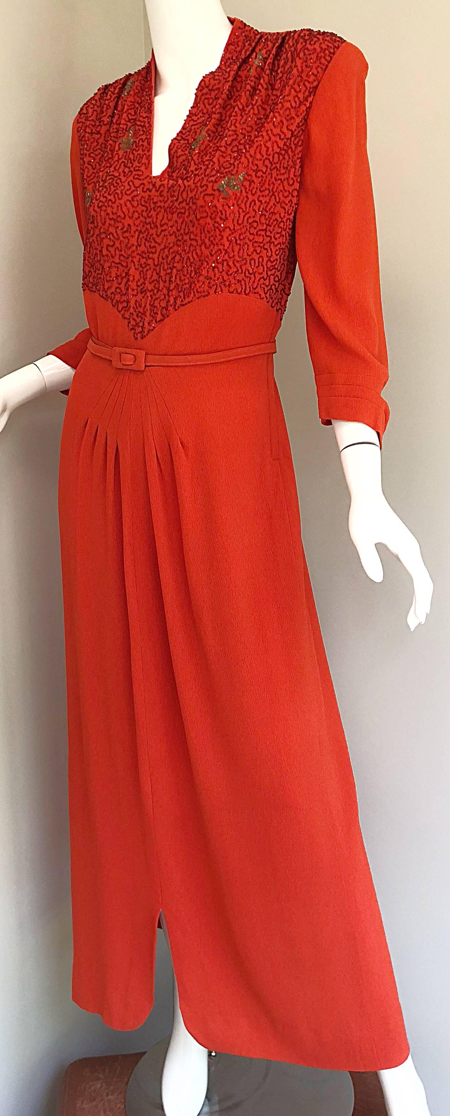 1940s Kornhauser Original Burnt Orange Beaded Vintage 40s Couture Crepe Gown For Sale 3