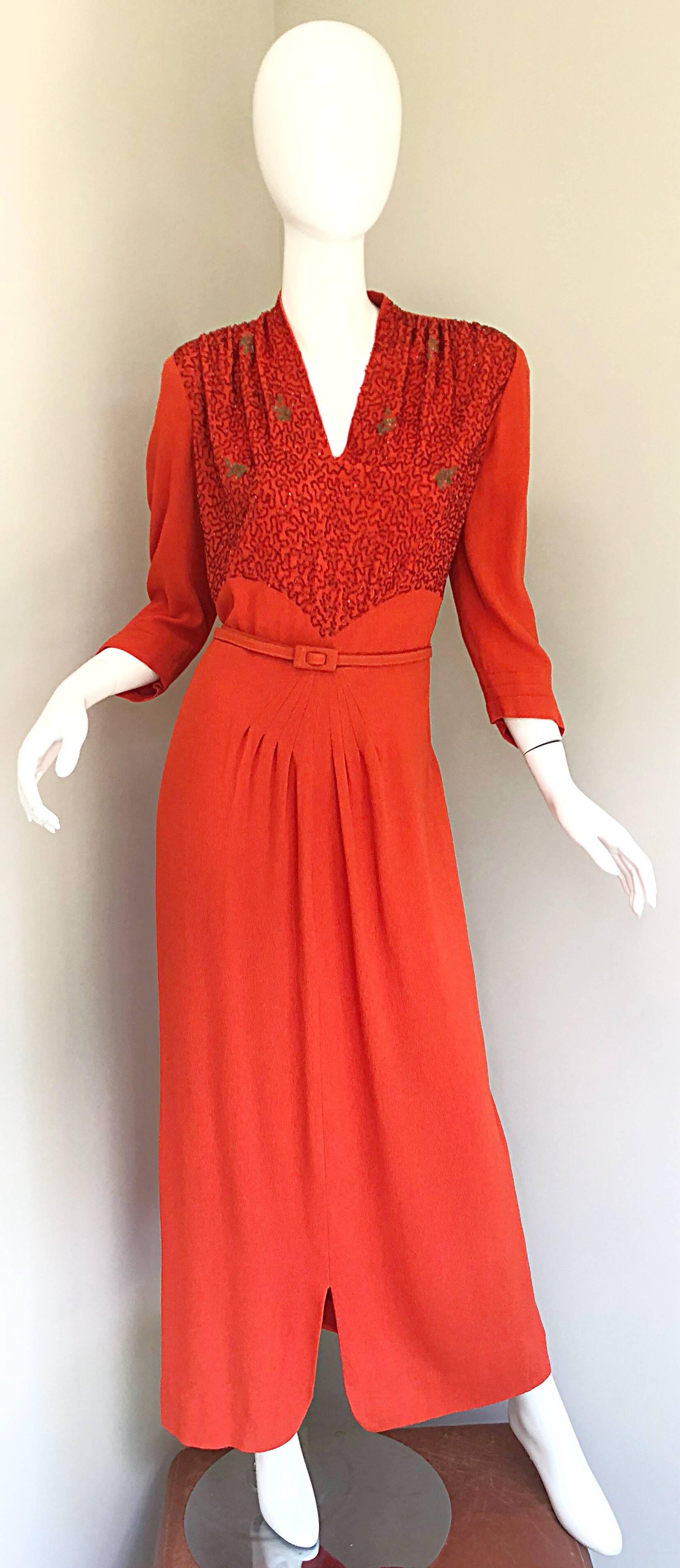 1940s Kornhauser Original Burnt Orange Beaded Vintage 40s Couture Crepe Gown For Sale 4