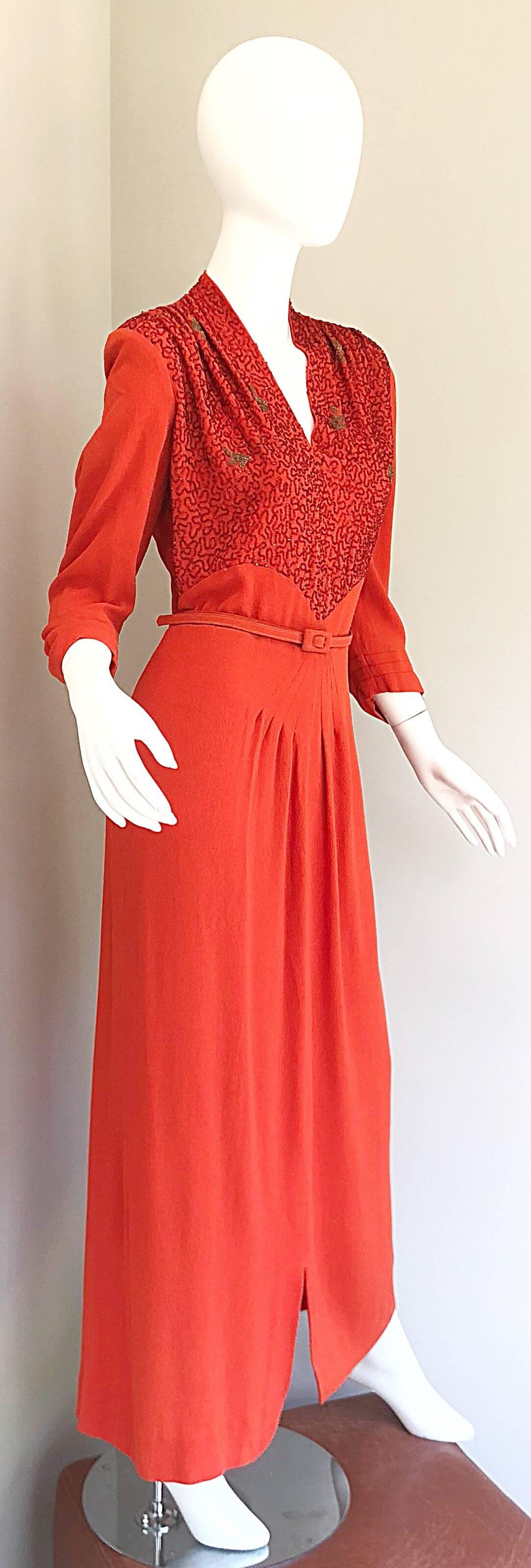 1940s Kornhauser Original Burnt Orange Beaded Vintage 40s Couture Crepe Gown For Sale 6
