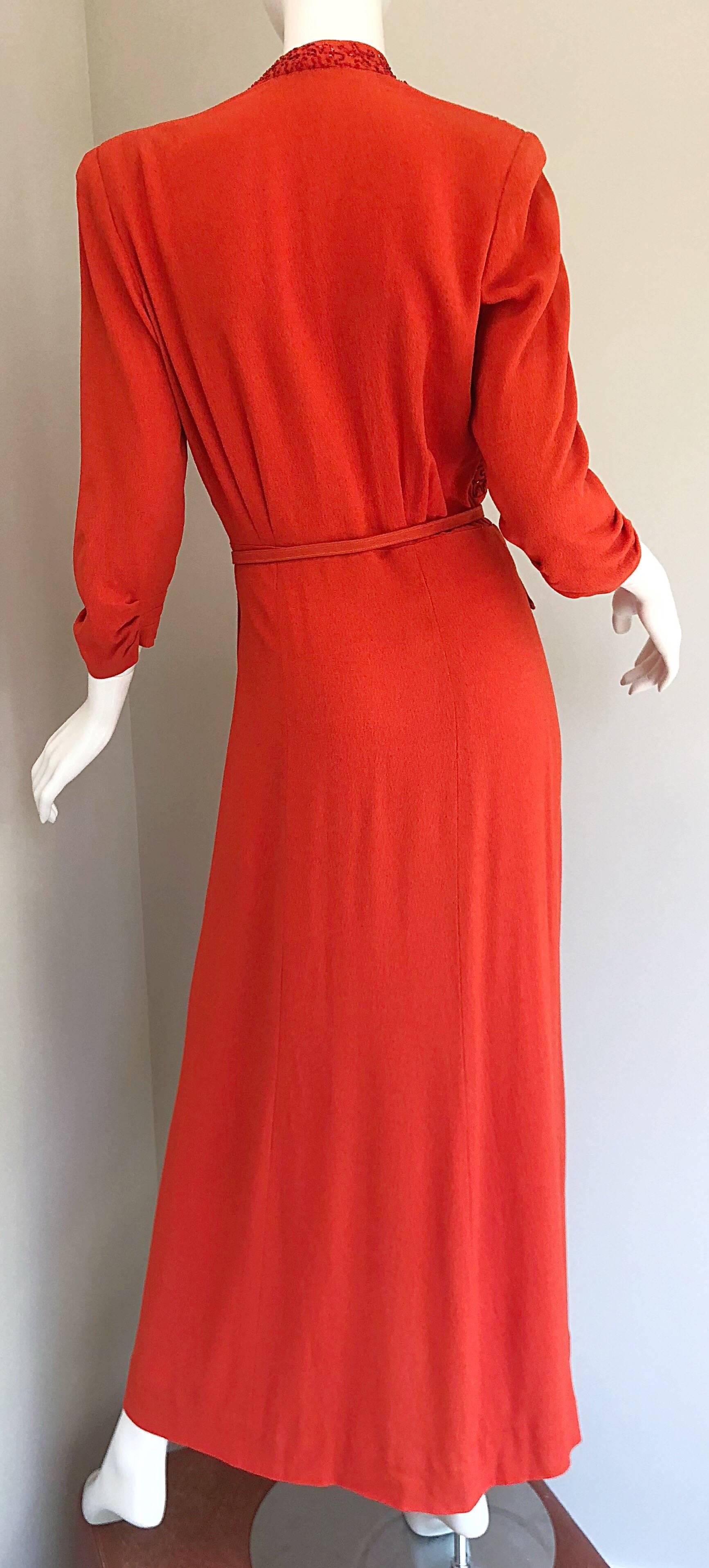 1940s Kornhauser Original Burnt Orange Beaded Vintage 40s Couture Crepe Gown For Sale 7