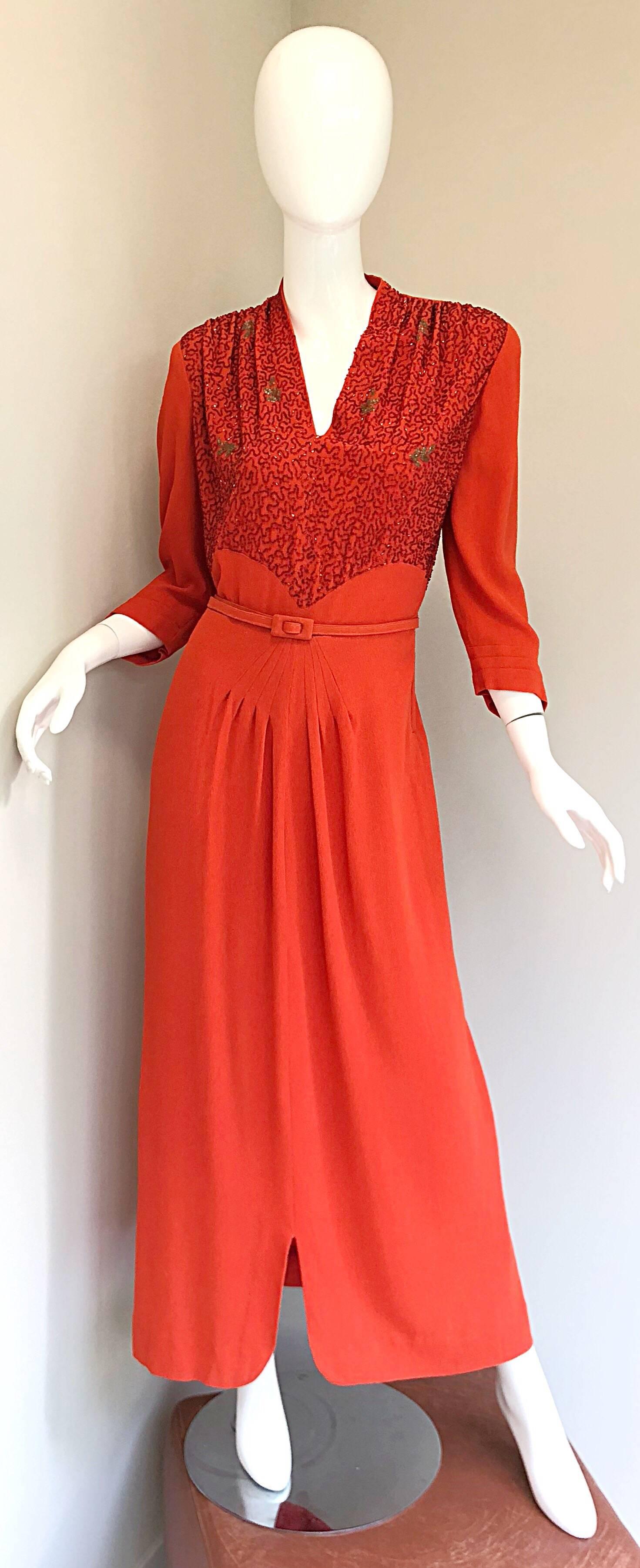 1940s Kornhauser Original Burnt Orange Beaded Vintage 40s Couture Crepe Gown For Sale 8