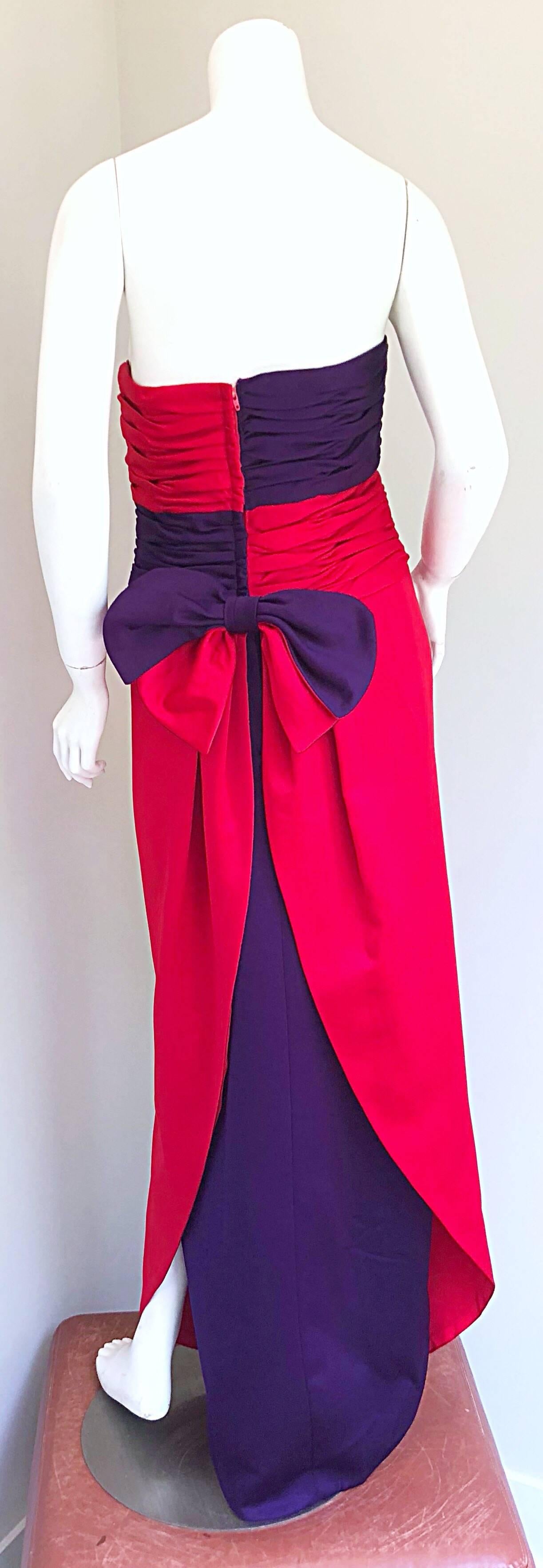 Elegant vintage VICKY TIEL COUTURE for BERGDORF GOODMAN red and purple silk satin strapless evening gown! Features flattering ruched panels in a regal purple and lipstick red. Soft curved him with a purple satin under skirt revealed in the back with