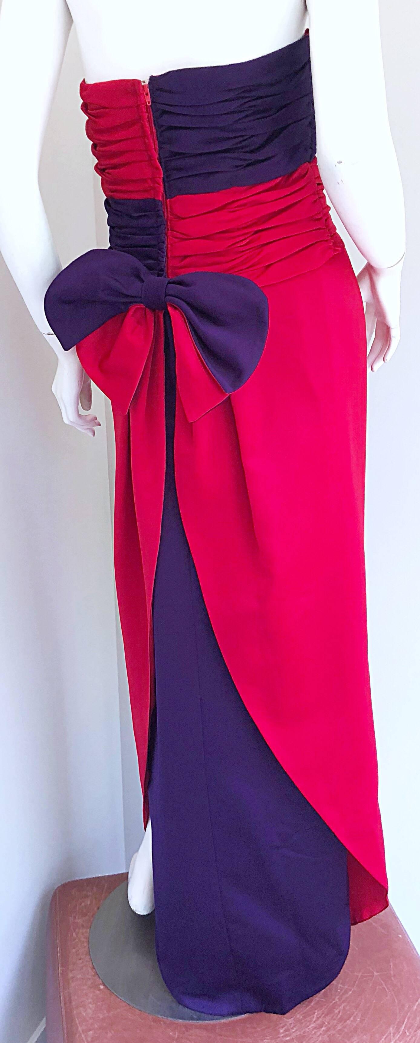 Women's Vintage 80s Vicky Tiel Couture Size 10 12 Red Purple Silk Satin Strapless Gown For Sale