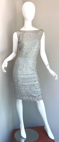 1950s Gene Shelly's Light Blue Silk Fully Sequined + Beaded Vintage 50s Dress