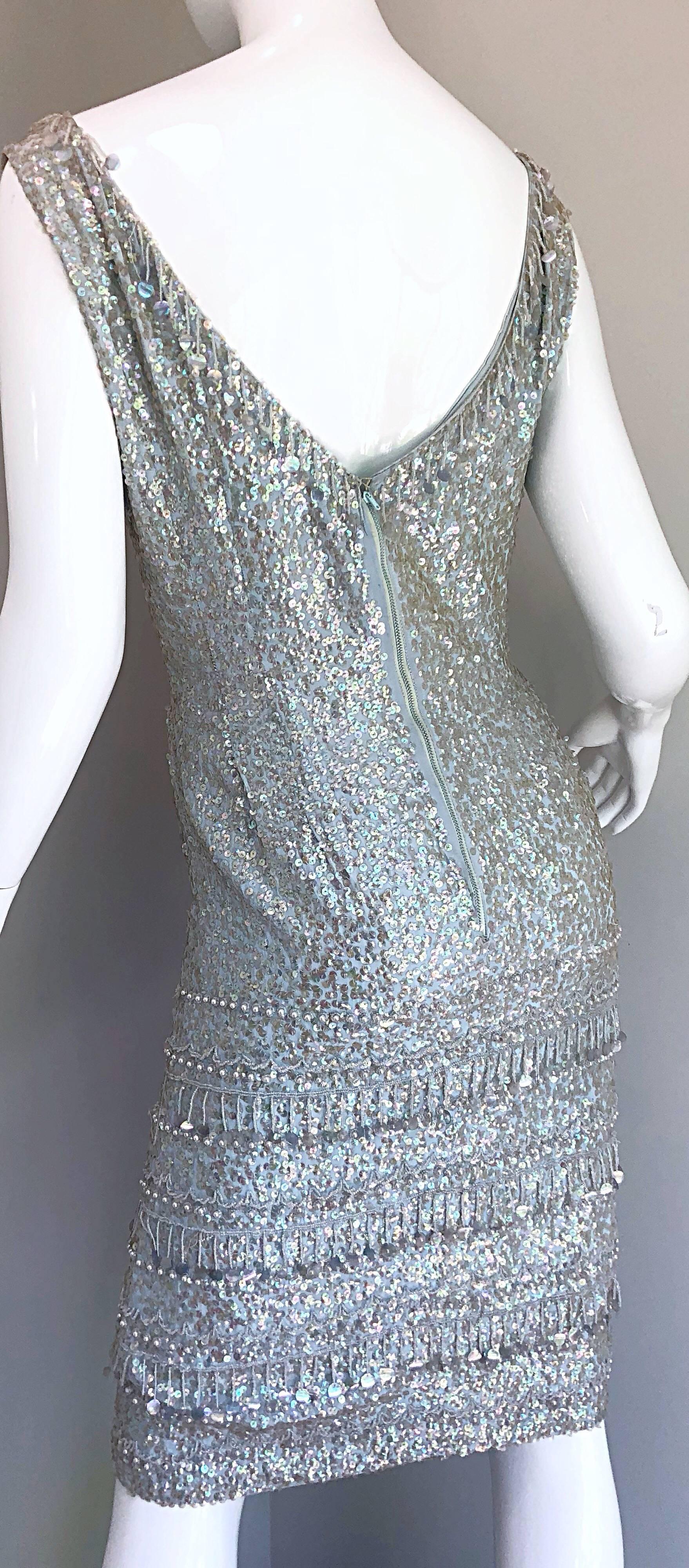 Women's 1950s Gene Shelly's Light Blue Silk Fully Sequined + Beaded Vintage 50s Dress
