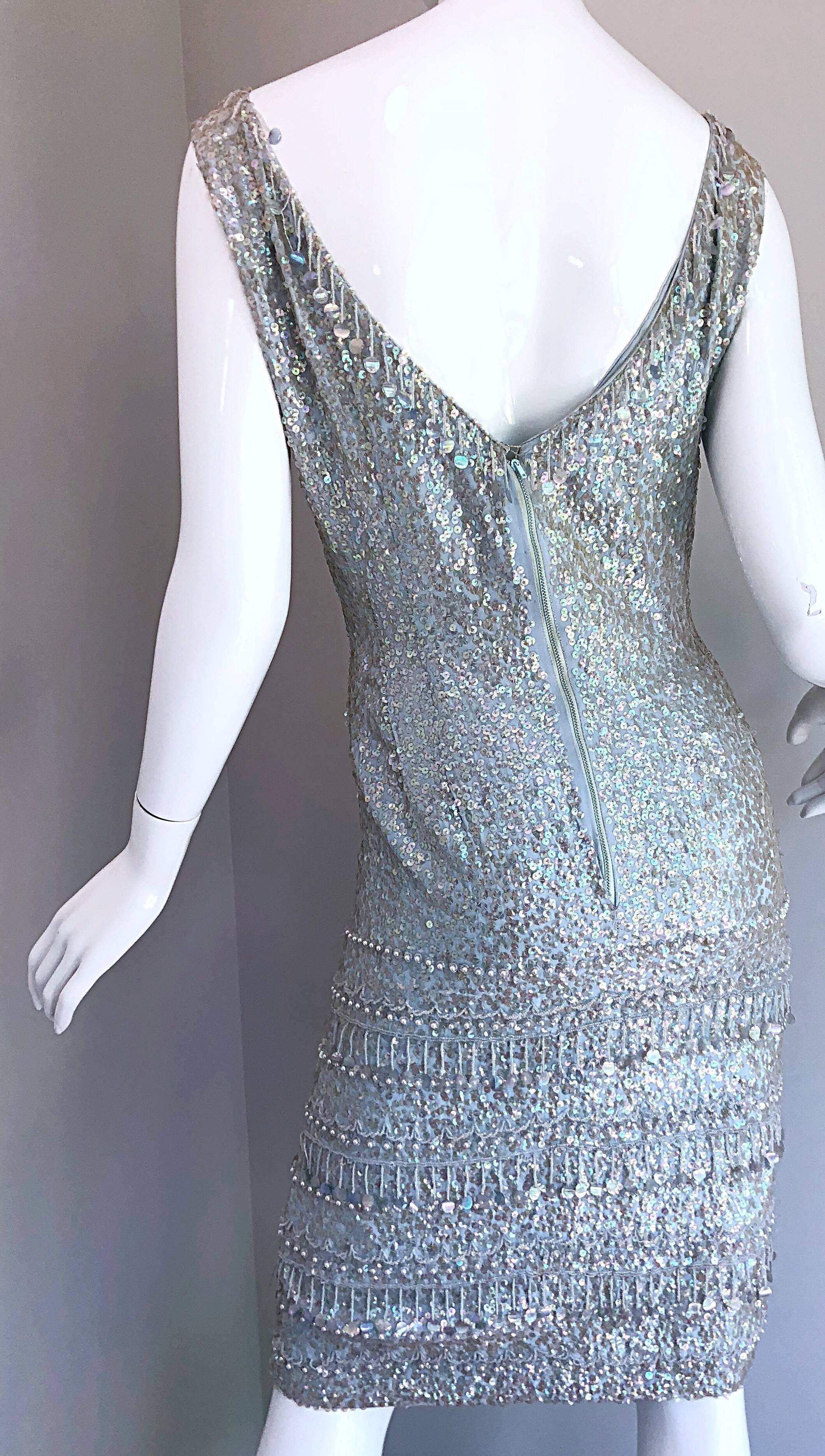 1950s Gene Shelly's Light Blue Silk Fully Sequined + Beaded Vintage 50s Dress 2
