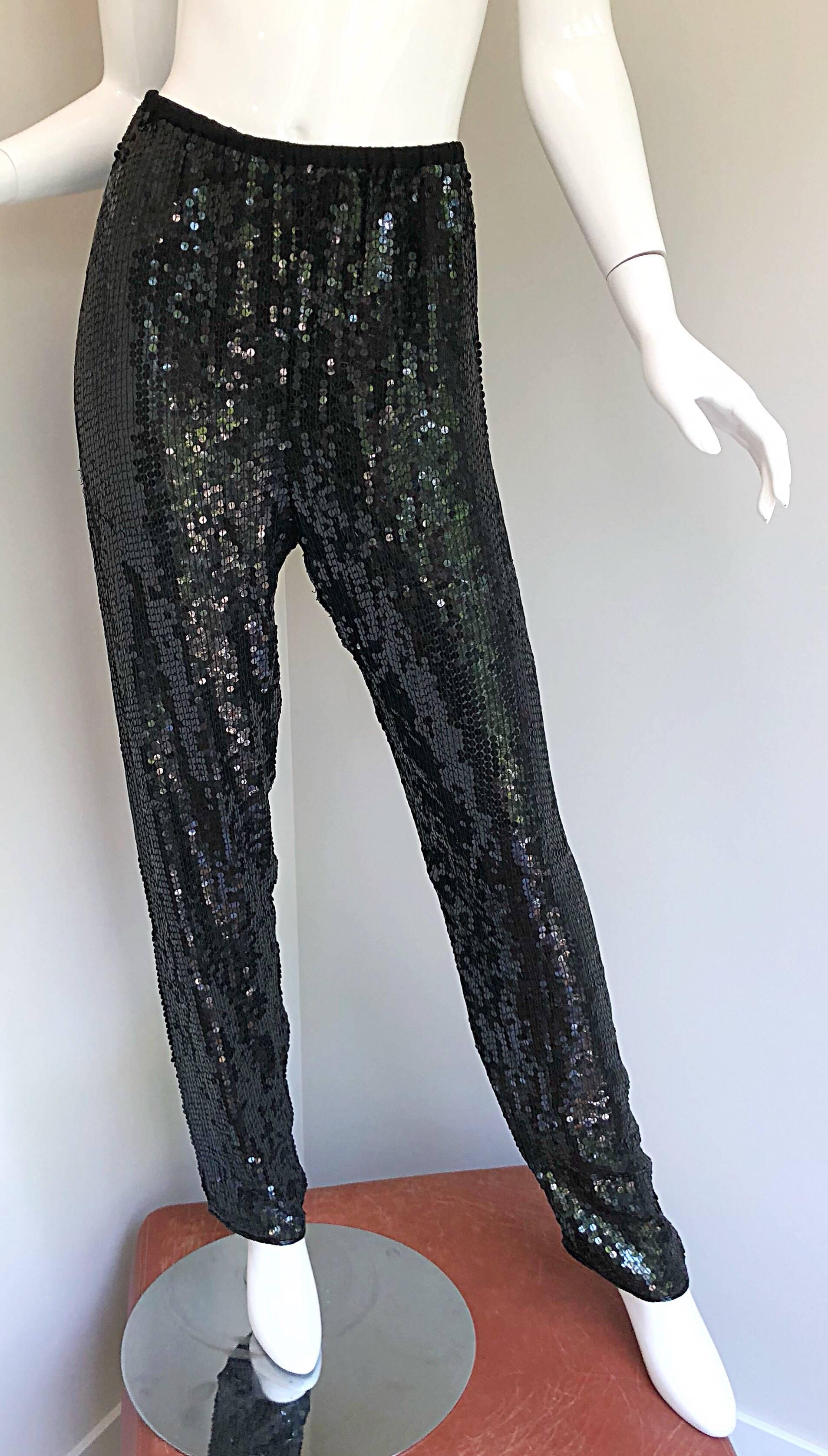 1970s Halston Black Silk Chiffon Fully Sequined 70s Strapless Tube Top + Pants In Excellent Condition In San Diego, CA