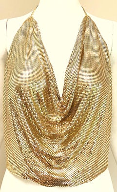1970s Whiting and Davis Gold Metal Chain Mail Sexy Disco Vintage 70s Halter Top