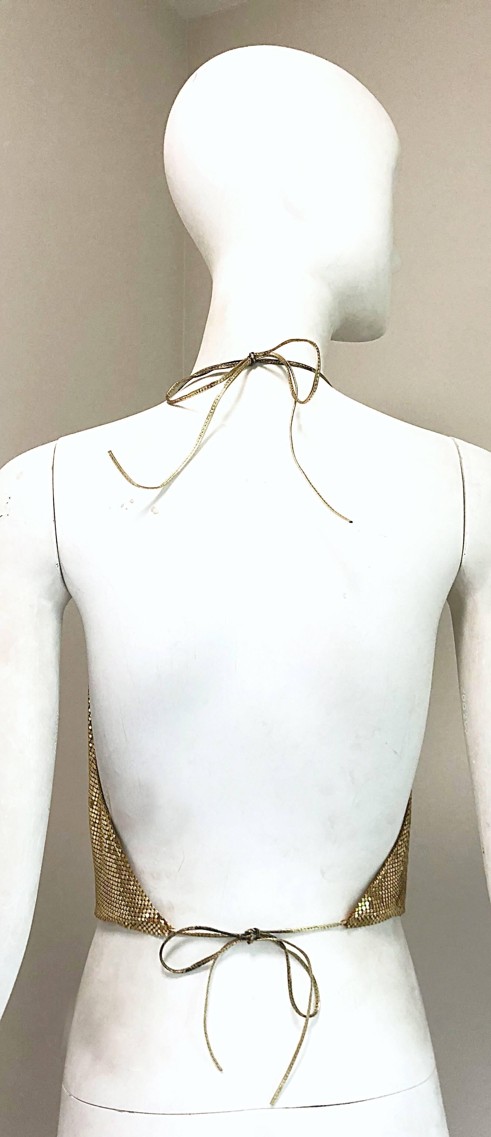 1970s Whiting and Davis Gold Metal Chain Mail Sexy Disco Vintage 70s Halter Top In Excellent Condition In San Diego, CA