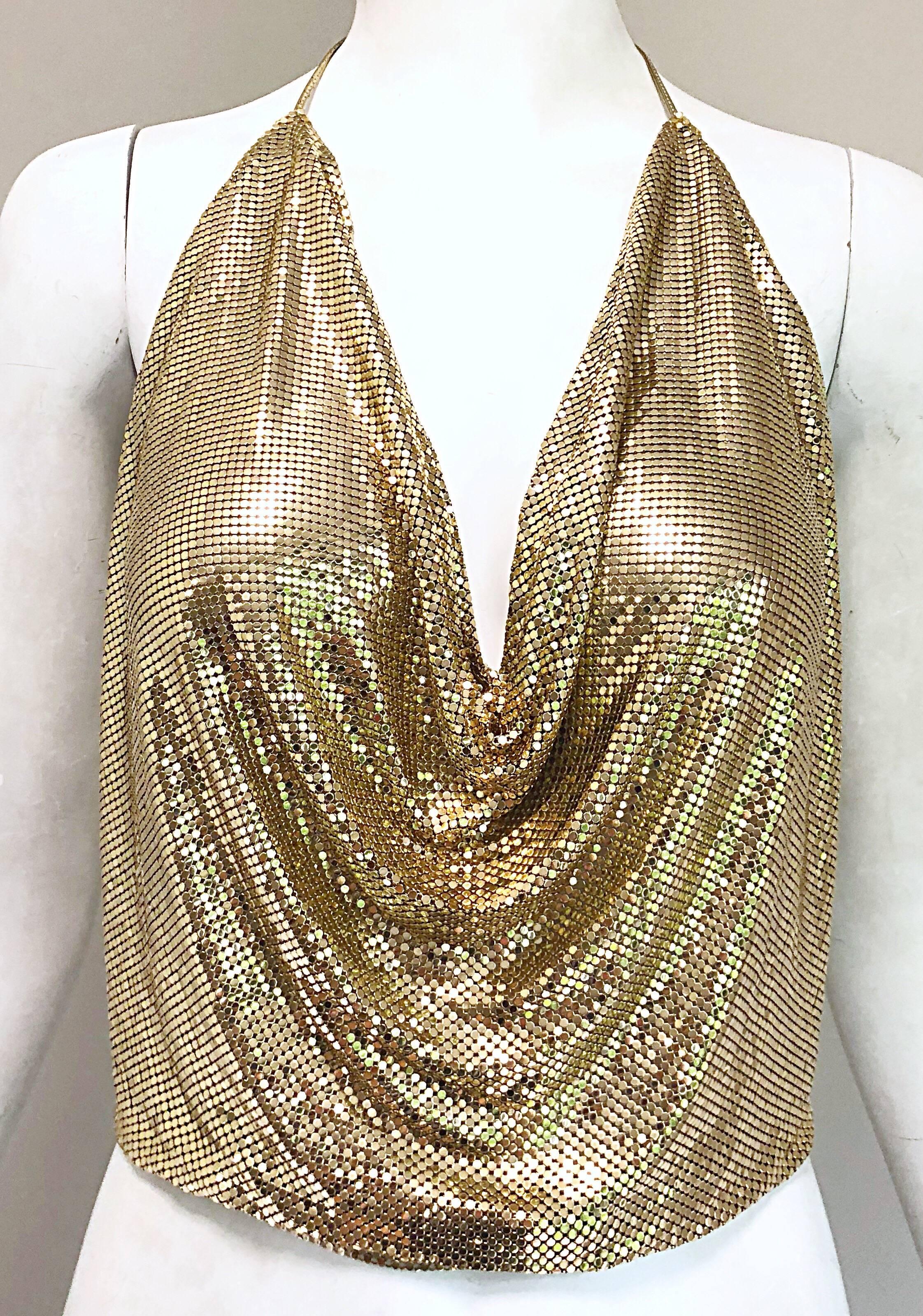 1970s Whiting and Davis Gold Metal Chain Mail Sexy Disco Vintage 70s Halter Top 1