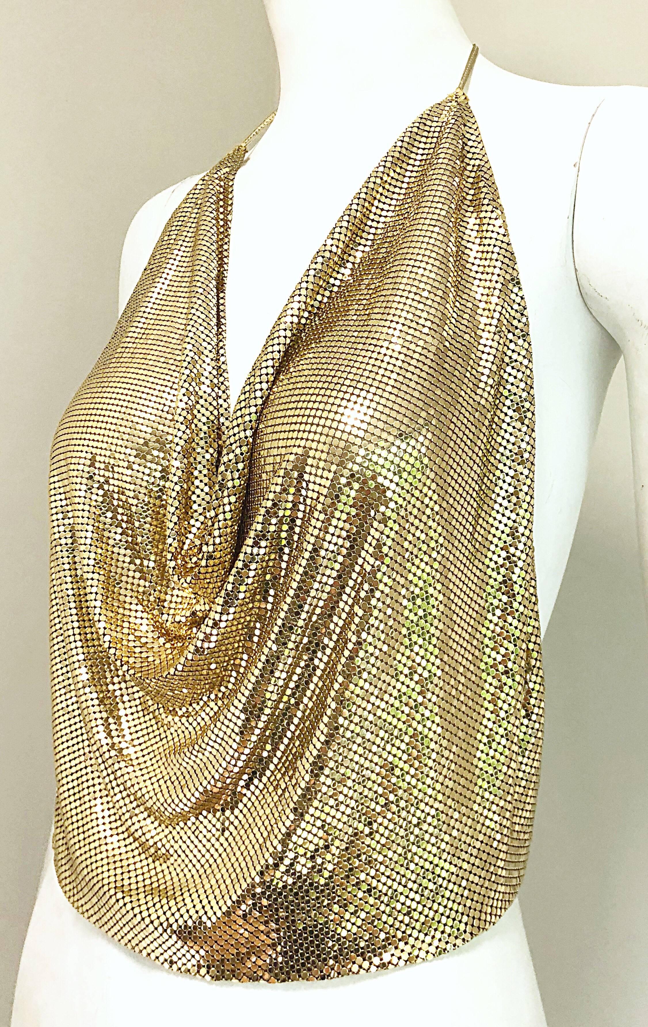 1970s Whiting and Davis Gold Metal Chain Mail Sexy Disco Vintage 70s Halter Top 2