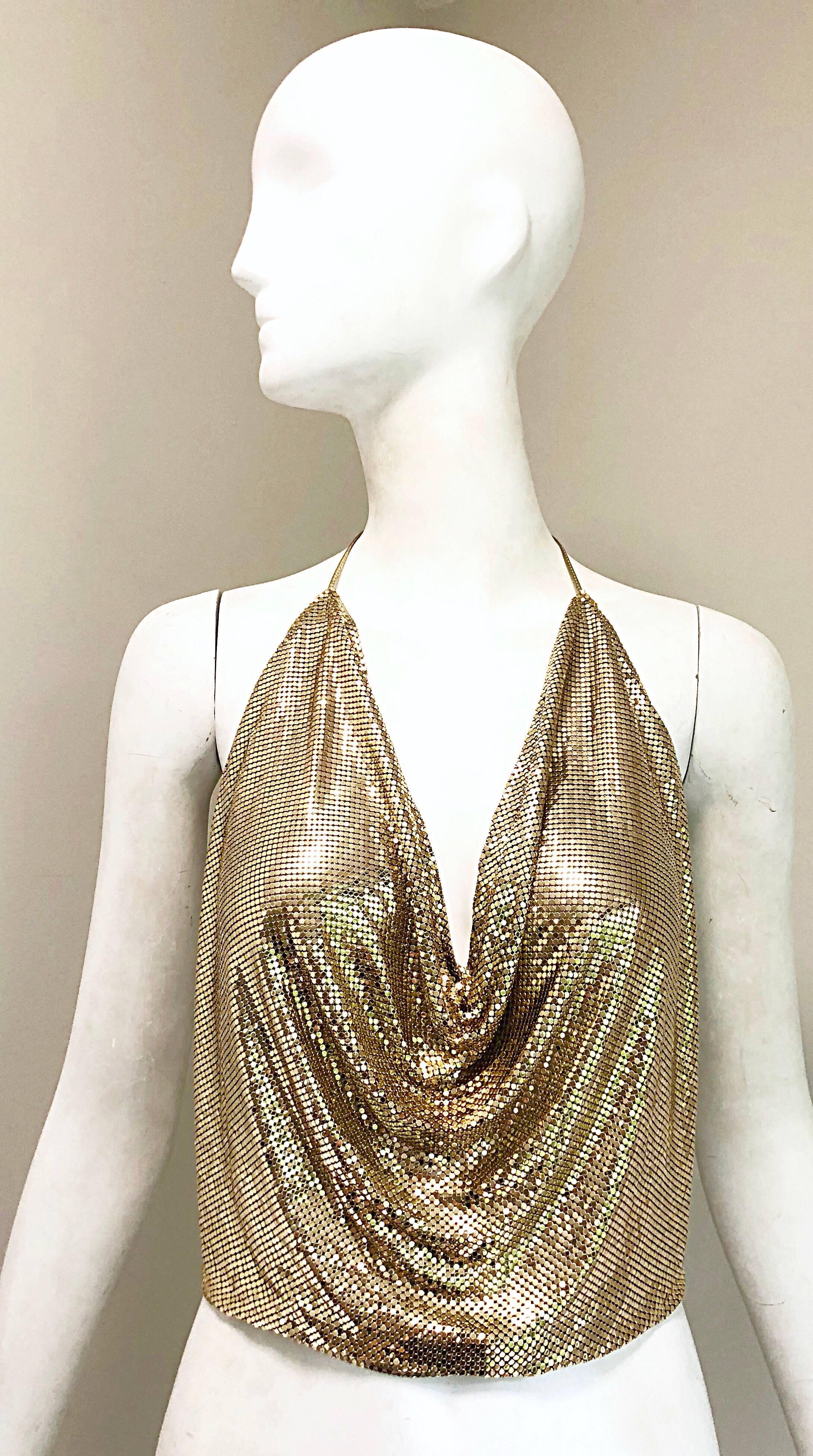 1970s Whiting and Davis Gold Metal Chain Mail Sexy Disco Vintage 70s Halter Top 5