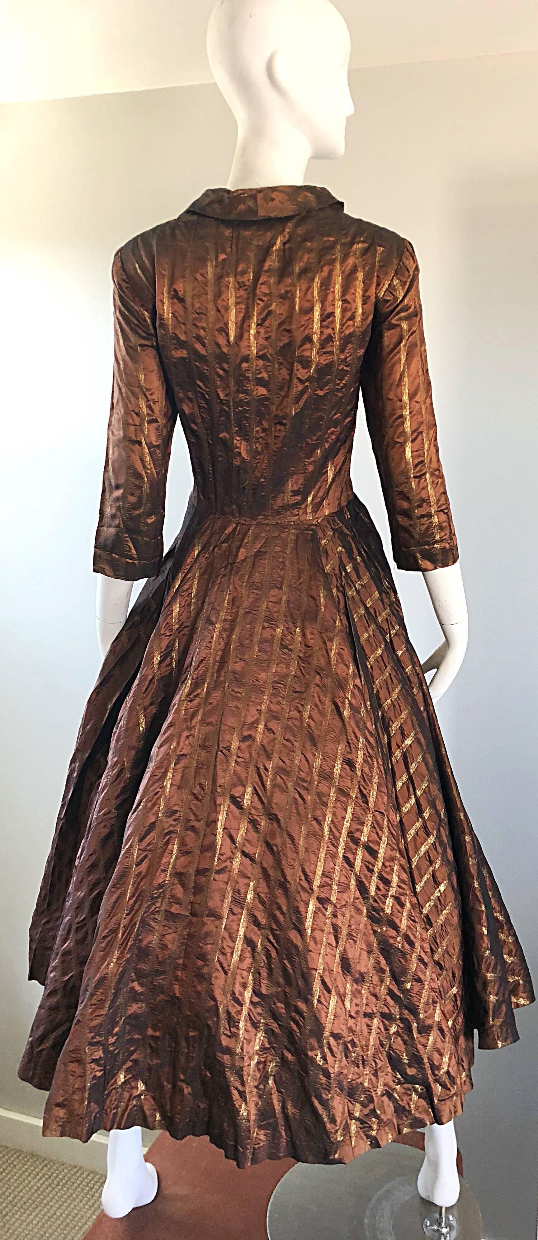 Brown Gorgeous 1950s Donald Originals Copper / Bronze Size 10 / 12 Silk Vintage Dress